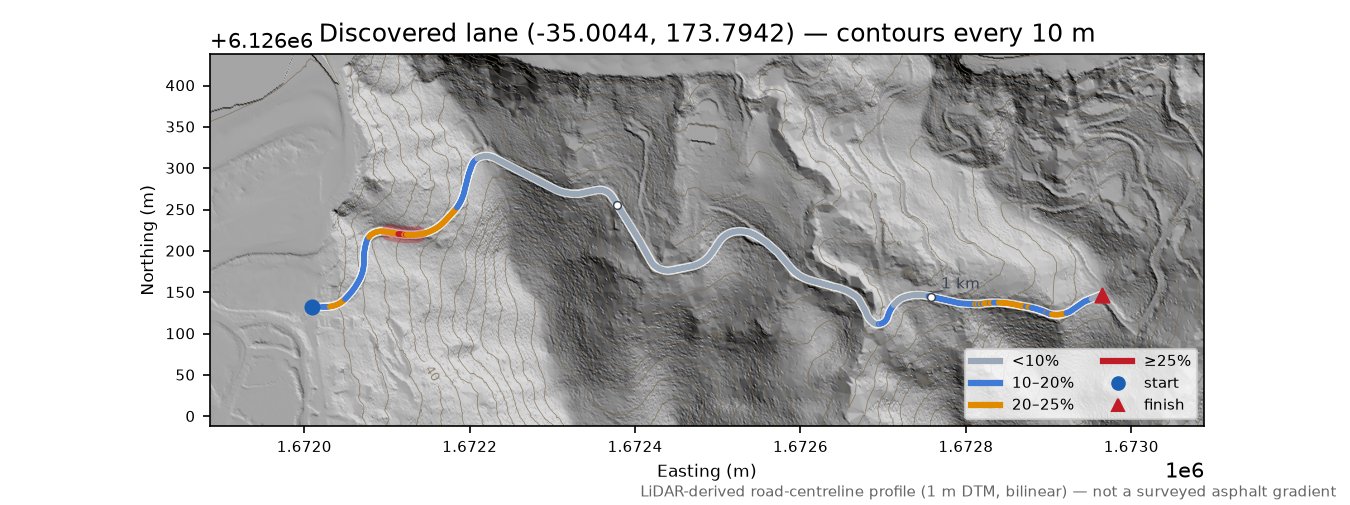 Discovered lane (-35.0044, 173.7942) LiDAR hillshade map with contours