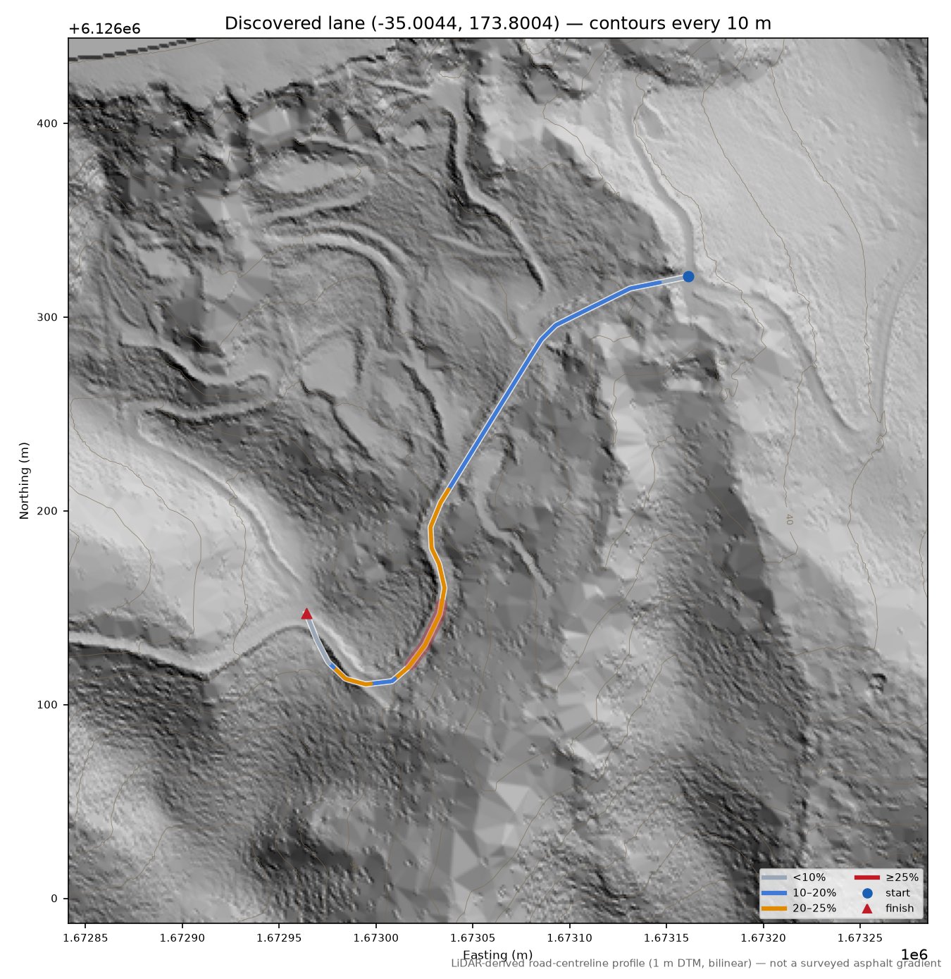 Discovered lane (-35.0044, 173.8004) LiDAR hillshade map with contours
