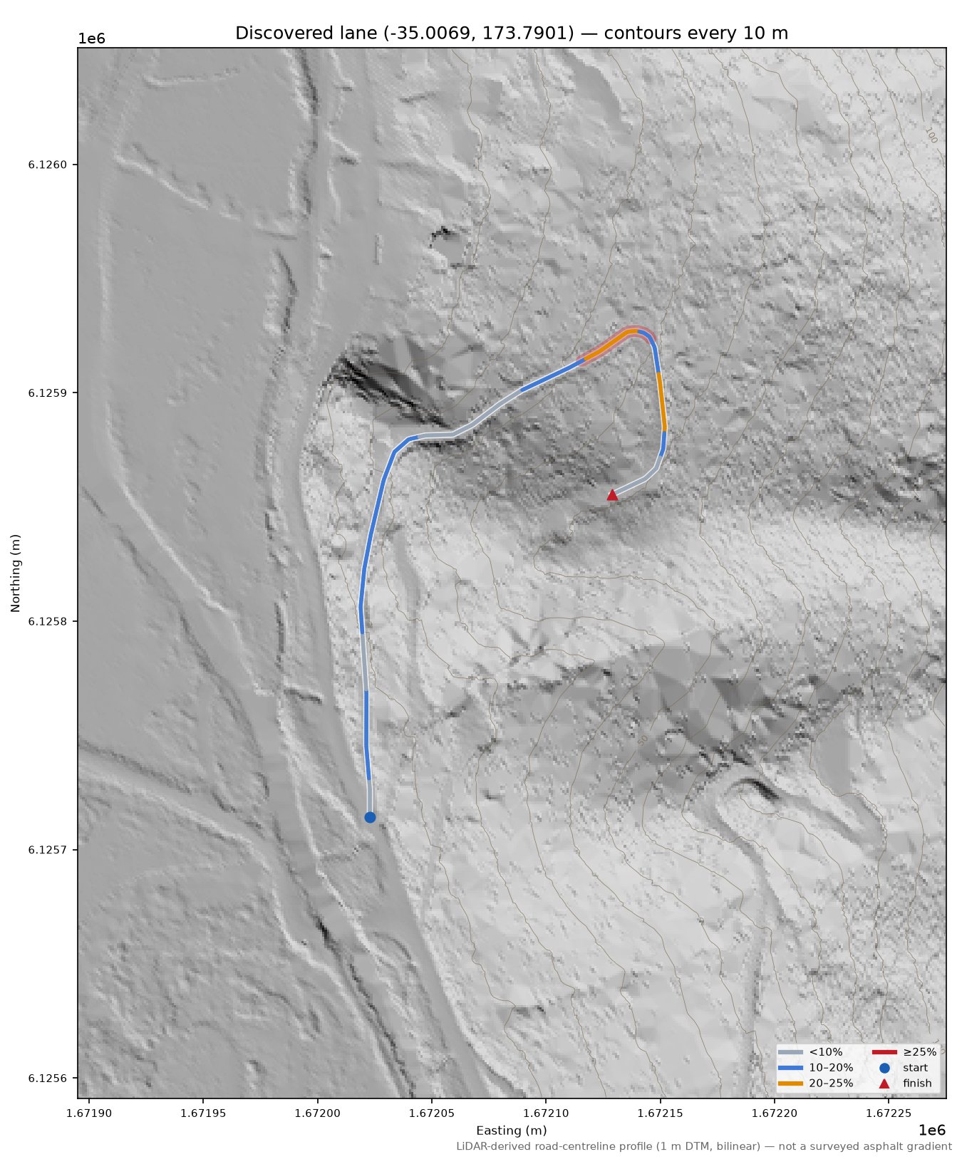 Discovered lane (-35.0069, 173.7901) LiDAR hillshade map with contours