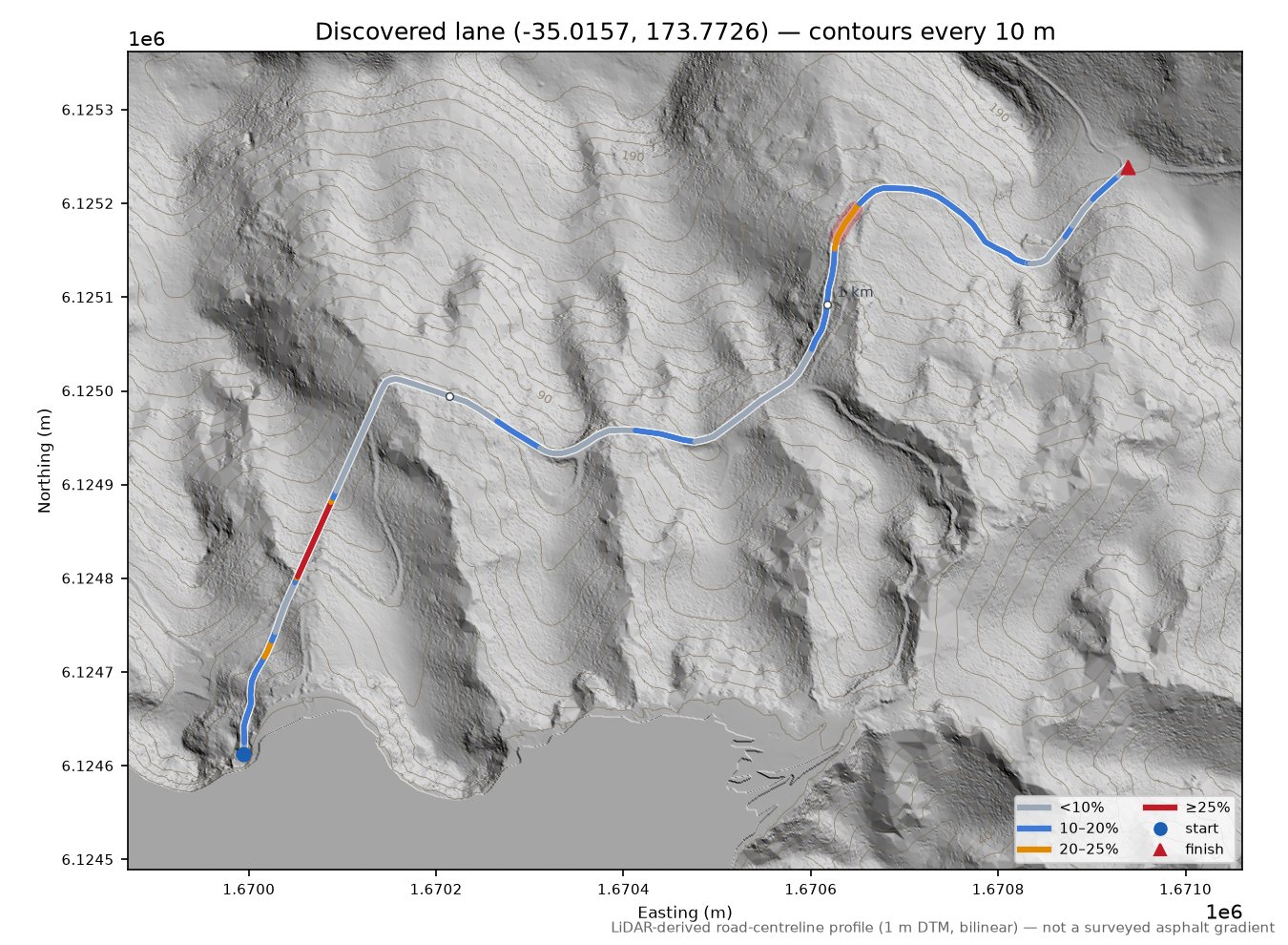 Discovered lane (-35.0157, 173.7726) LiDAR hillshade map with contours
