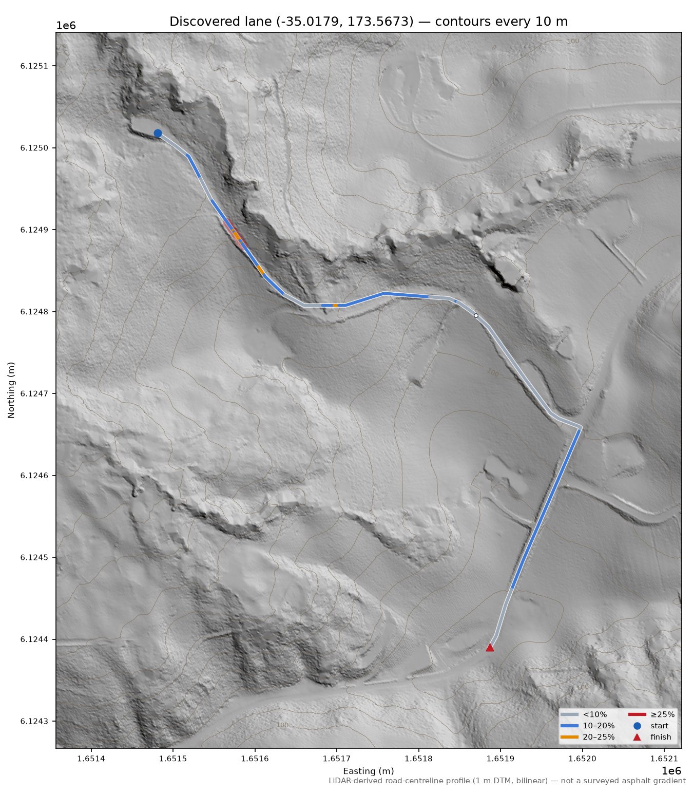 Discovered lane (-35.0179, 173.5673) LiDAR hillshade map with contours