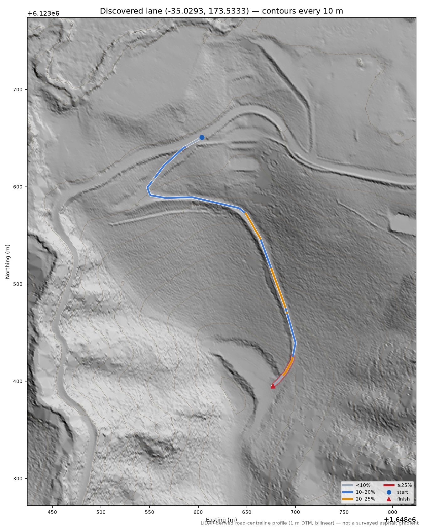 Discovered lane (-35.0293, 173.5333) LiDAR hillshade map with contours