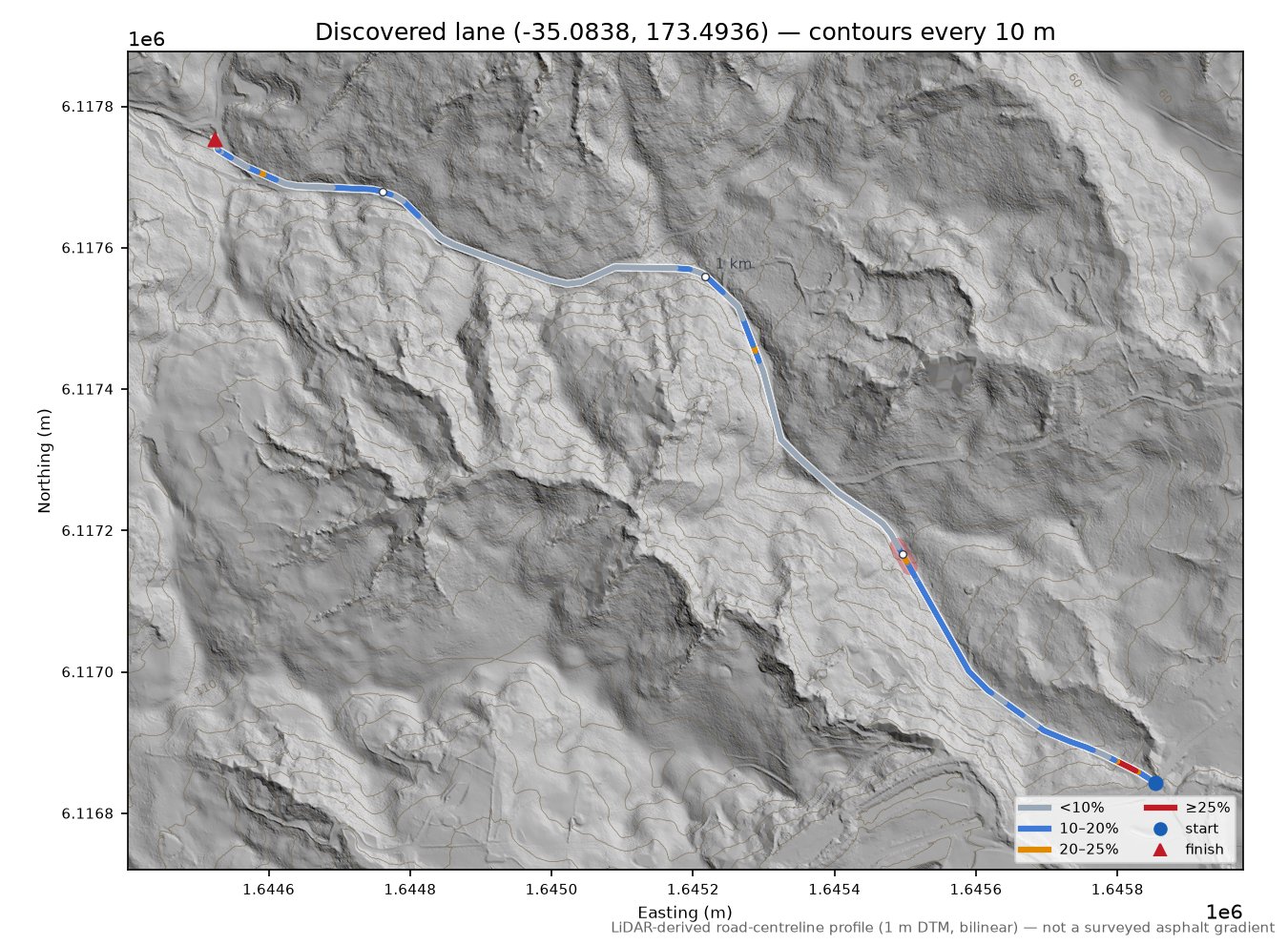 Discovered lane (-35.0838, 173.4936) LiDAR hillshade map with contours