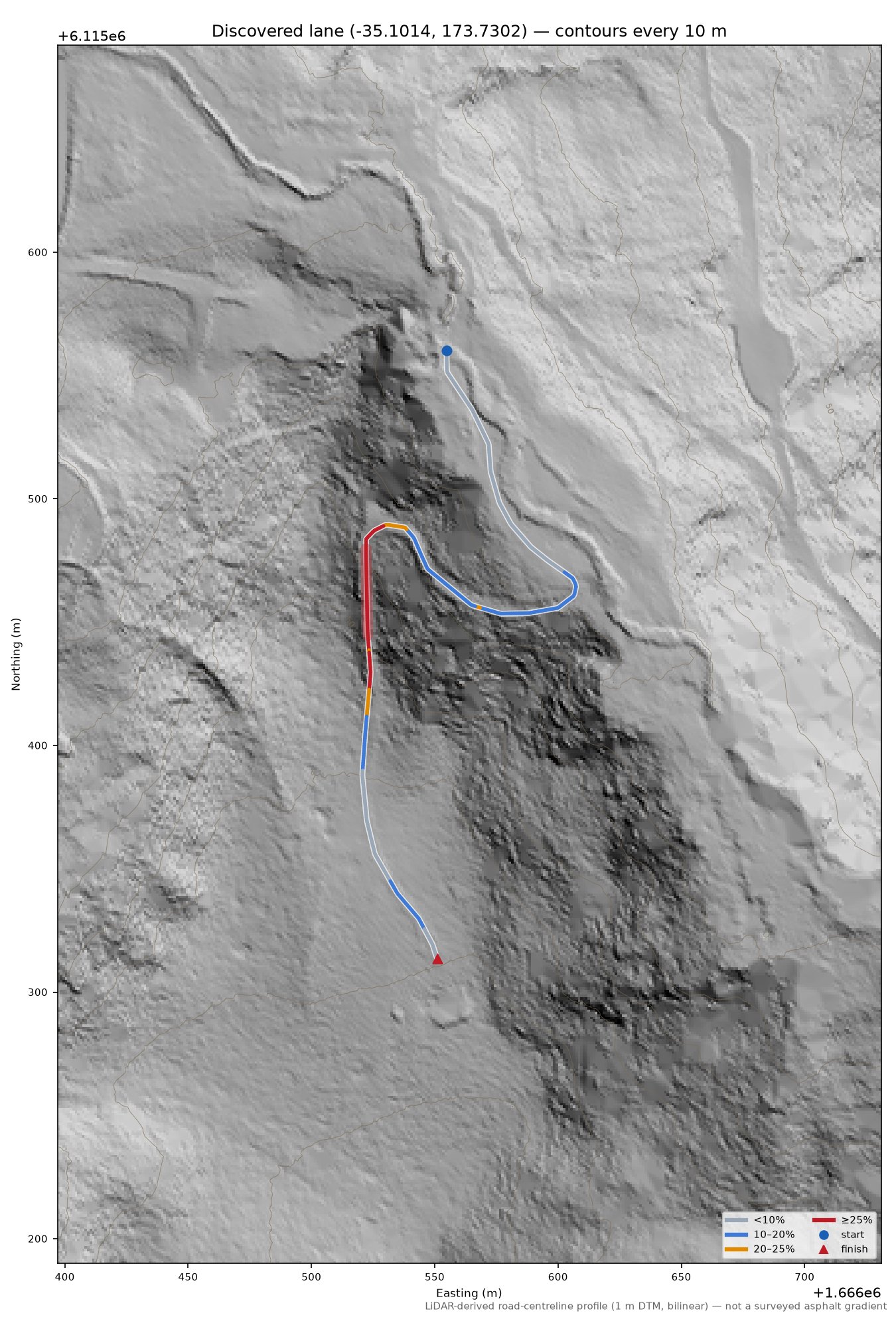 Discovered lane (-35.1014, 173.7302) LiDAR hillshade map with contours