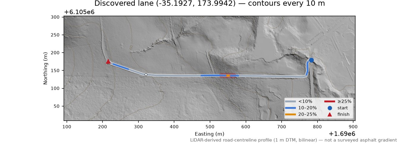 Discovered lane (-35.1927, 173.9942) LiDAR hillshade map with contours