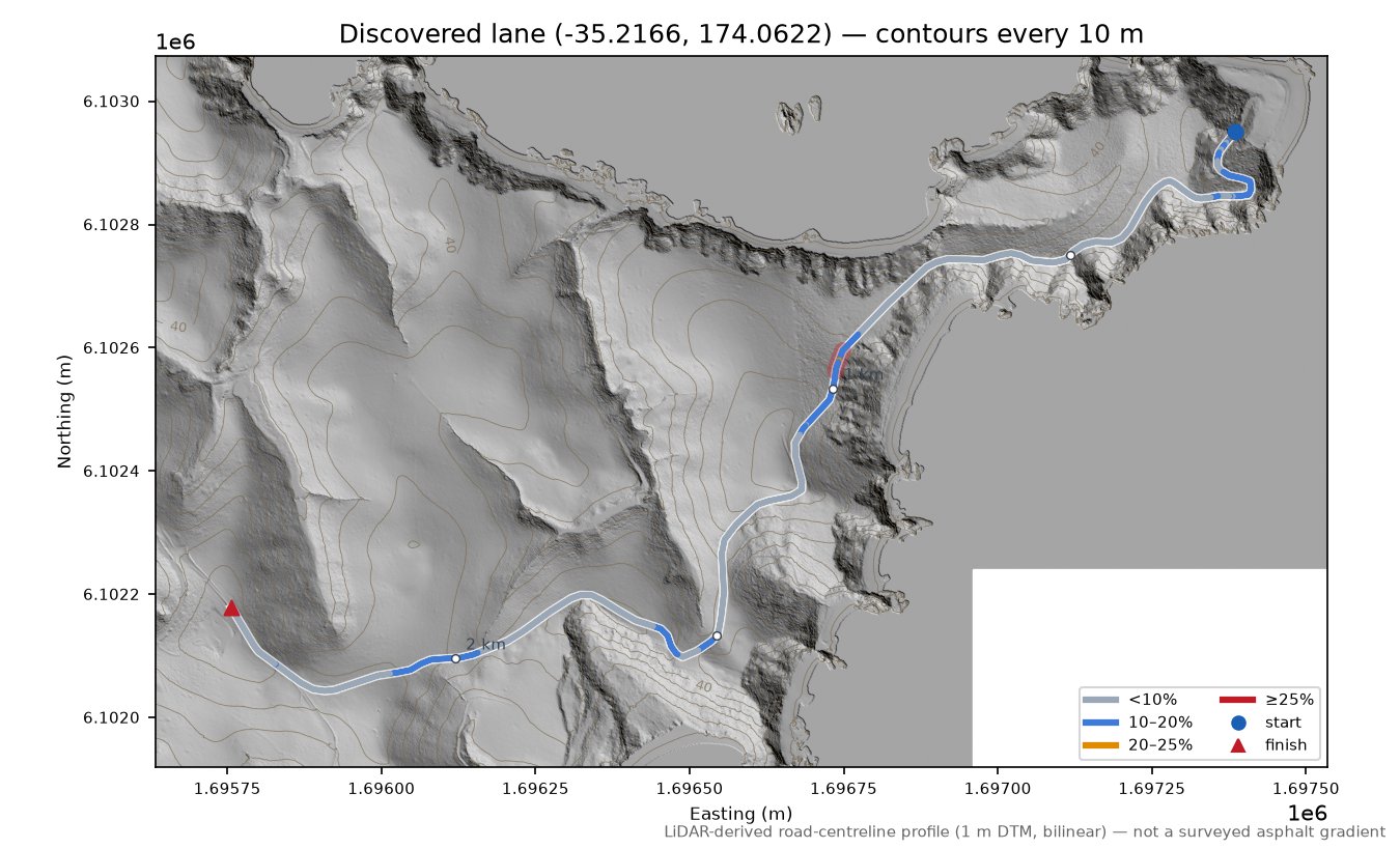 Discovered lane (-35.2166, 174.0622) LiDAR hillshade map with contours