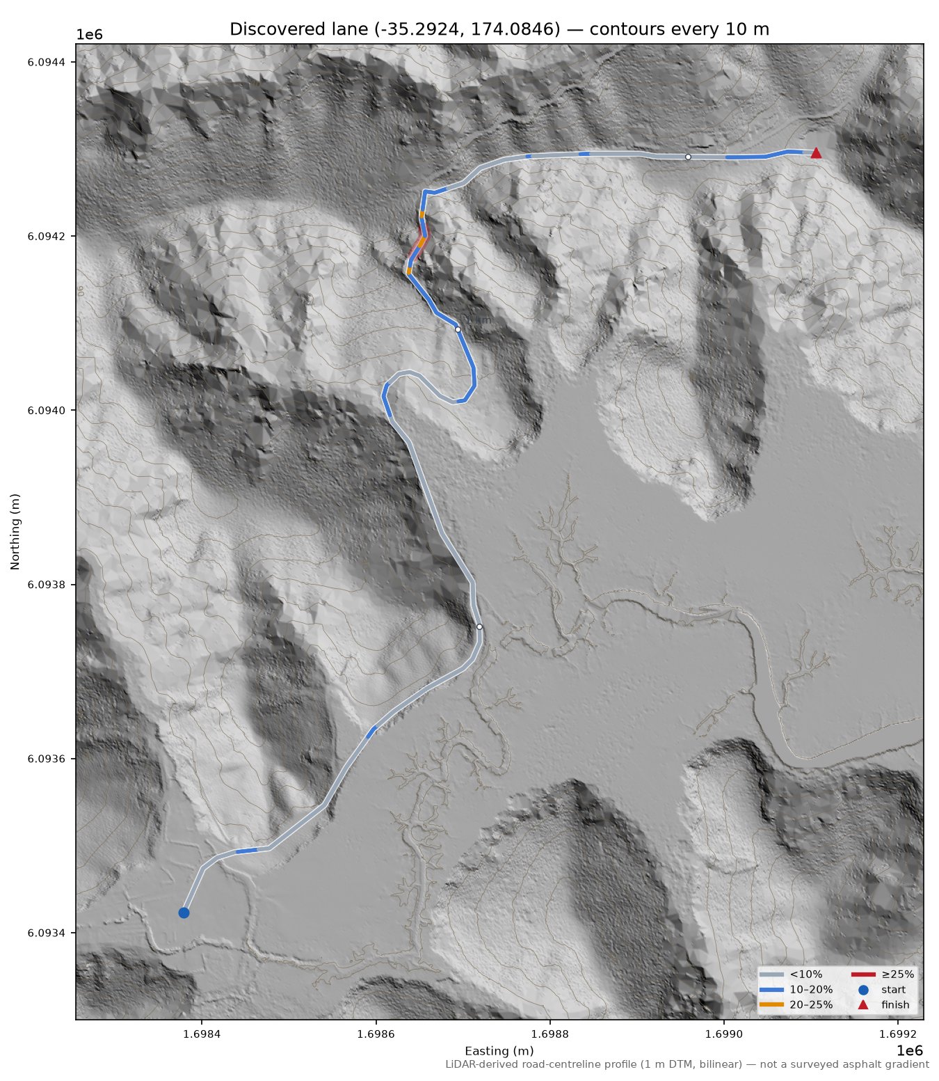Discovered lane (-35.2924, 174.0846) LiDAR hillshade map with contours