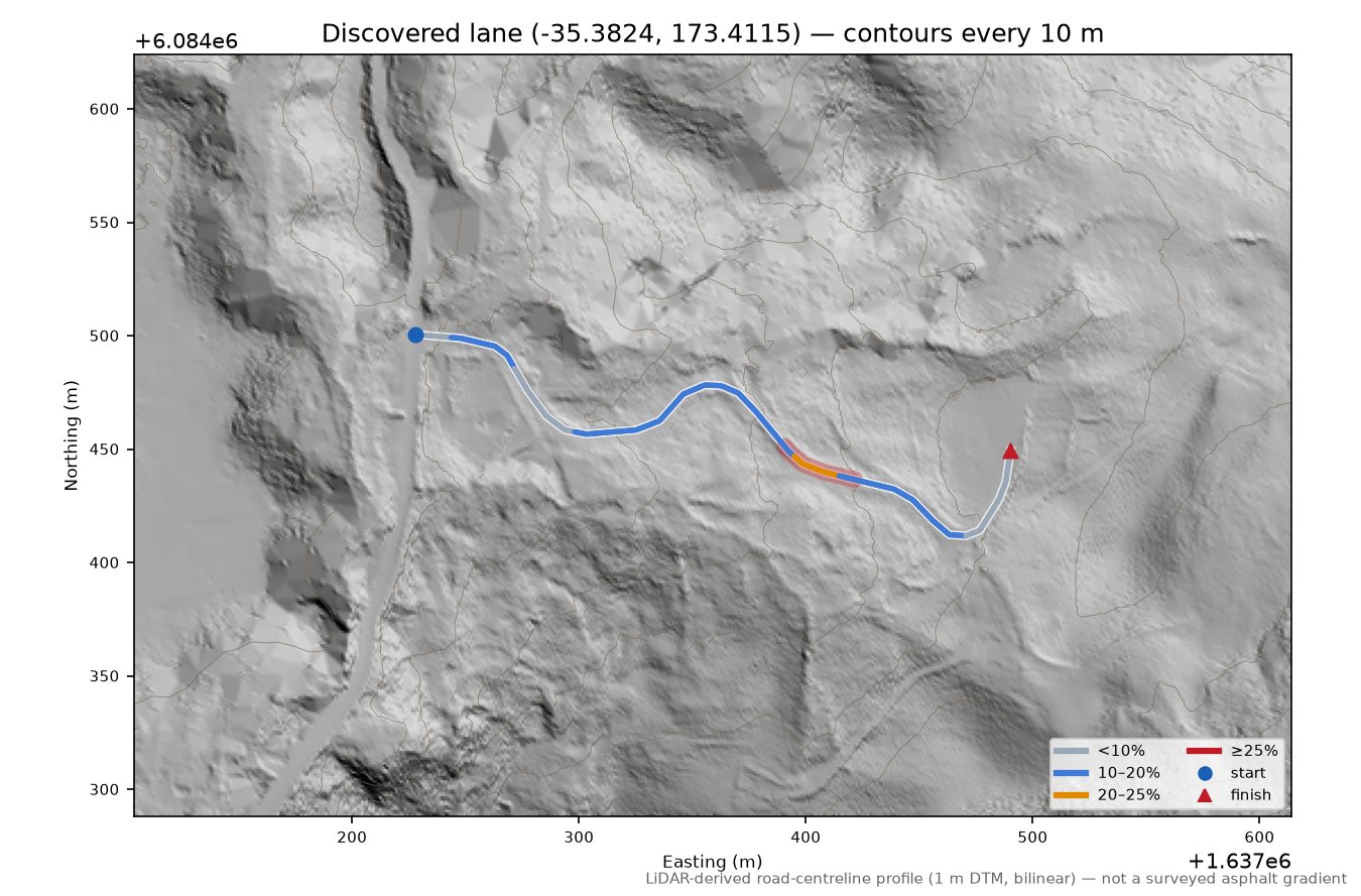 Discovered lane (-35.3824, 173.4115) LiDAR hillshade map with contours