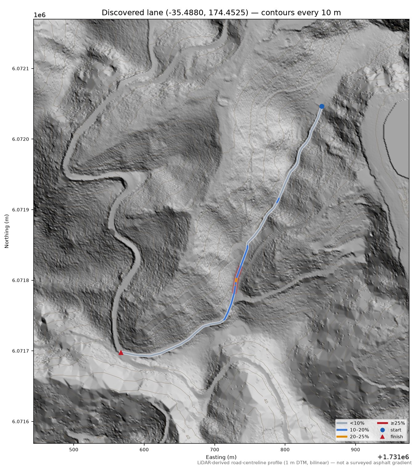 Discovered lane (-35.4880, 174.4525) LiDAR hillshade map with contours