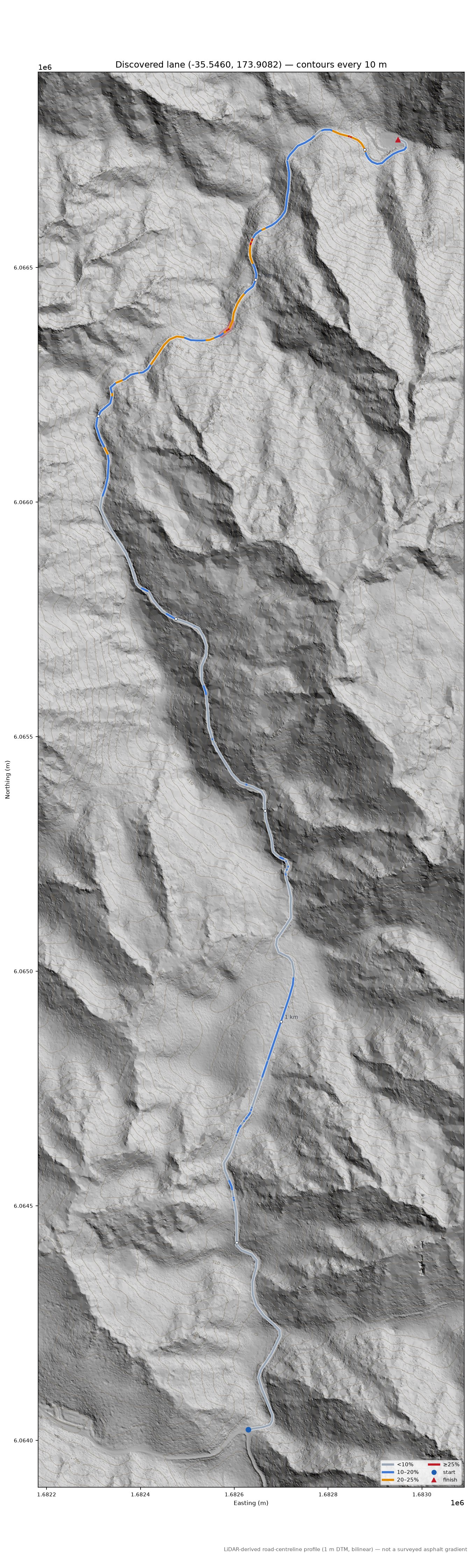 Discovered lane (-35.5460, 173.9082) LiDAR hillshade map with contours