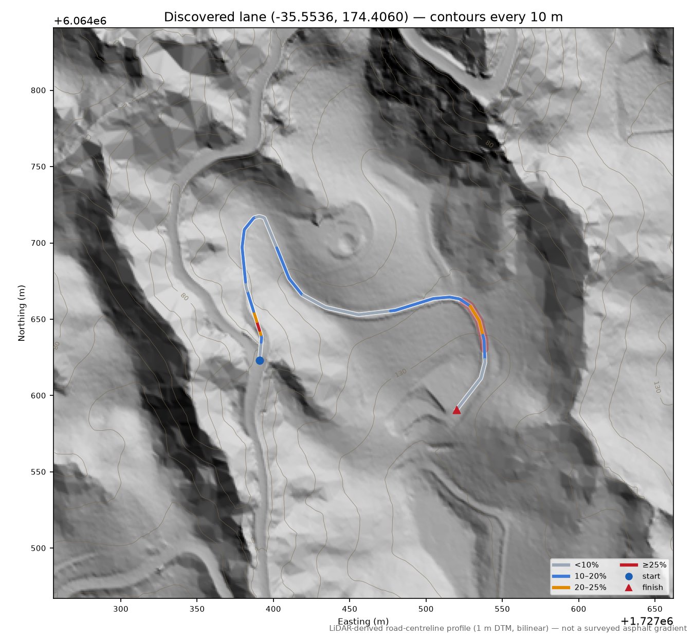 Discovered lane (-35.5536, 174.4060) LiDAR hillshade map with contours