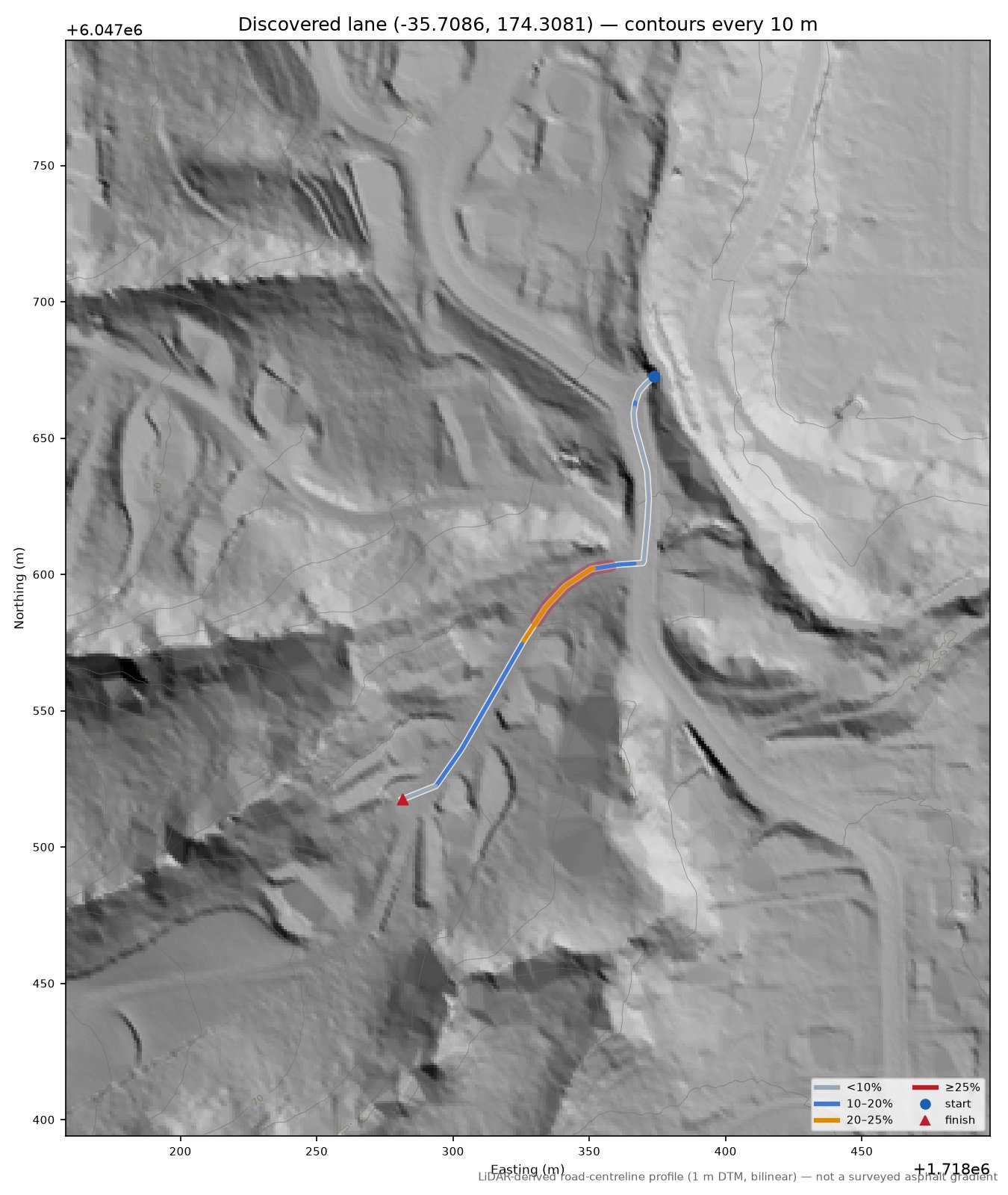 Discovered lane (-35.7086, 174.3081) LiDAR hillshade map with contours