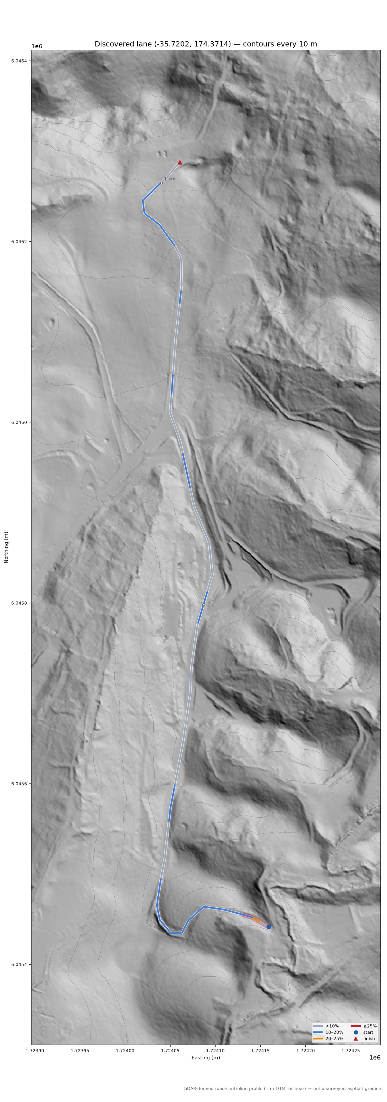 Discovered lane (-35.7202, 174.3714) LiDAR hillshade map with contours
