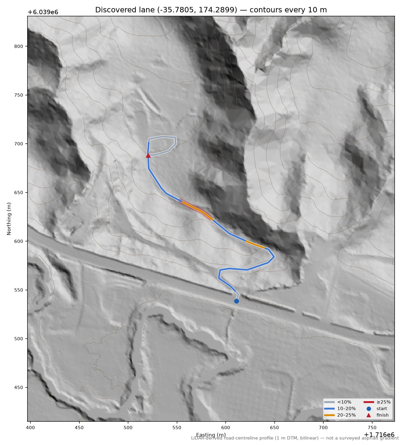 Discovered lane (-35.7805, 174.2899) LiDAR hillshade map with contours
