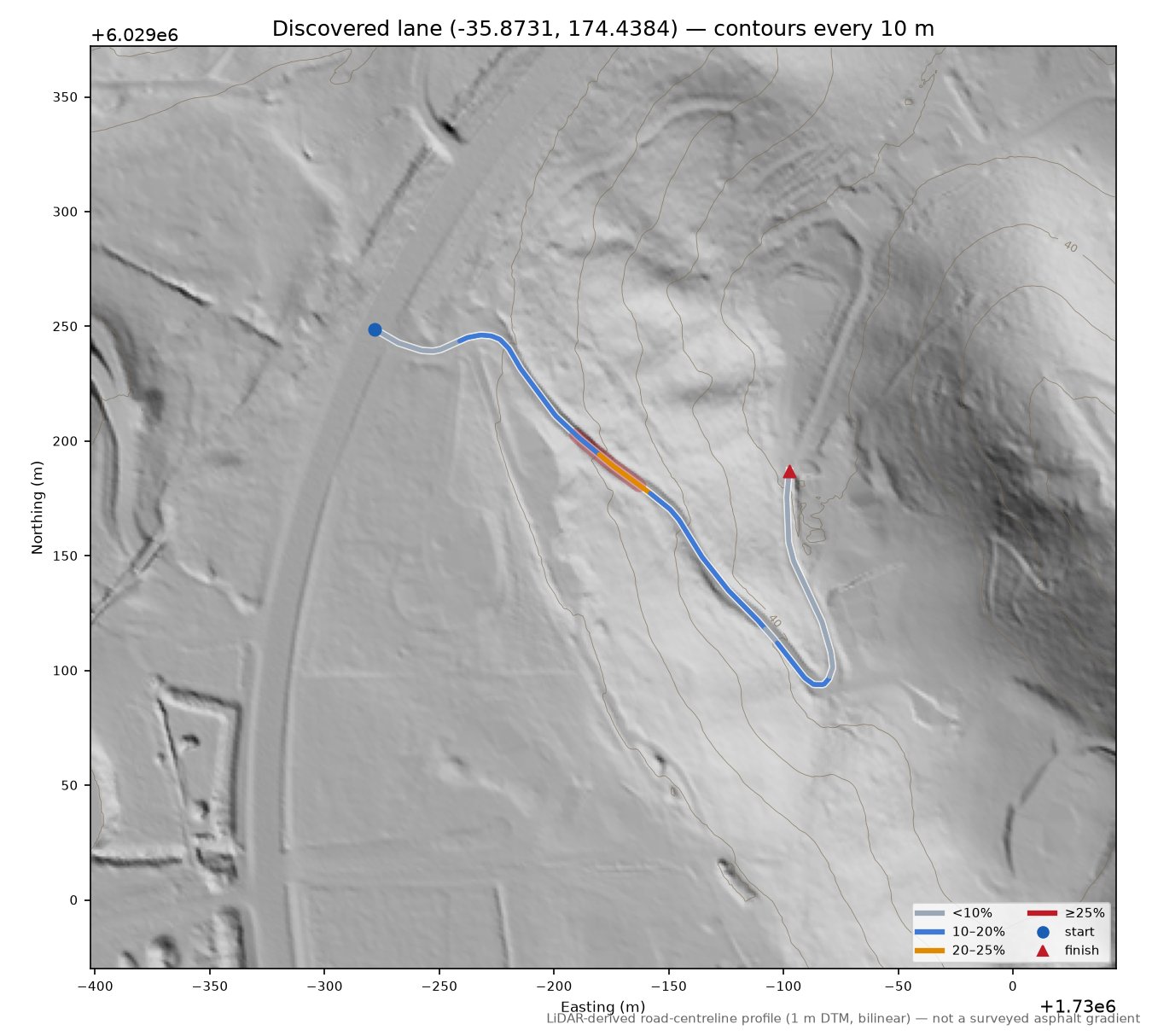 Discovered lane (-35.8731, 174.4384) LiDAR hillshade map with contours