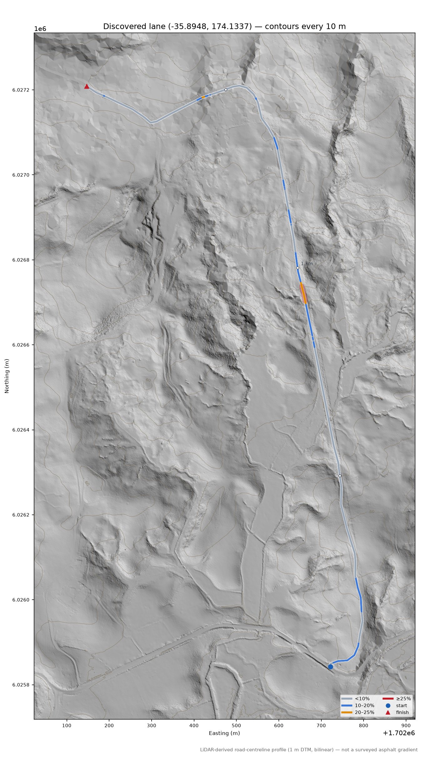 Discovered lane (-35.8948, 174.1337) LiDAR hillshade map with contours