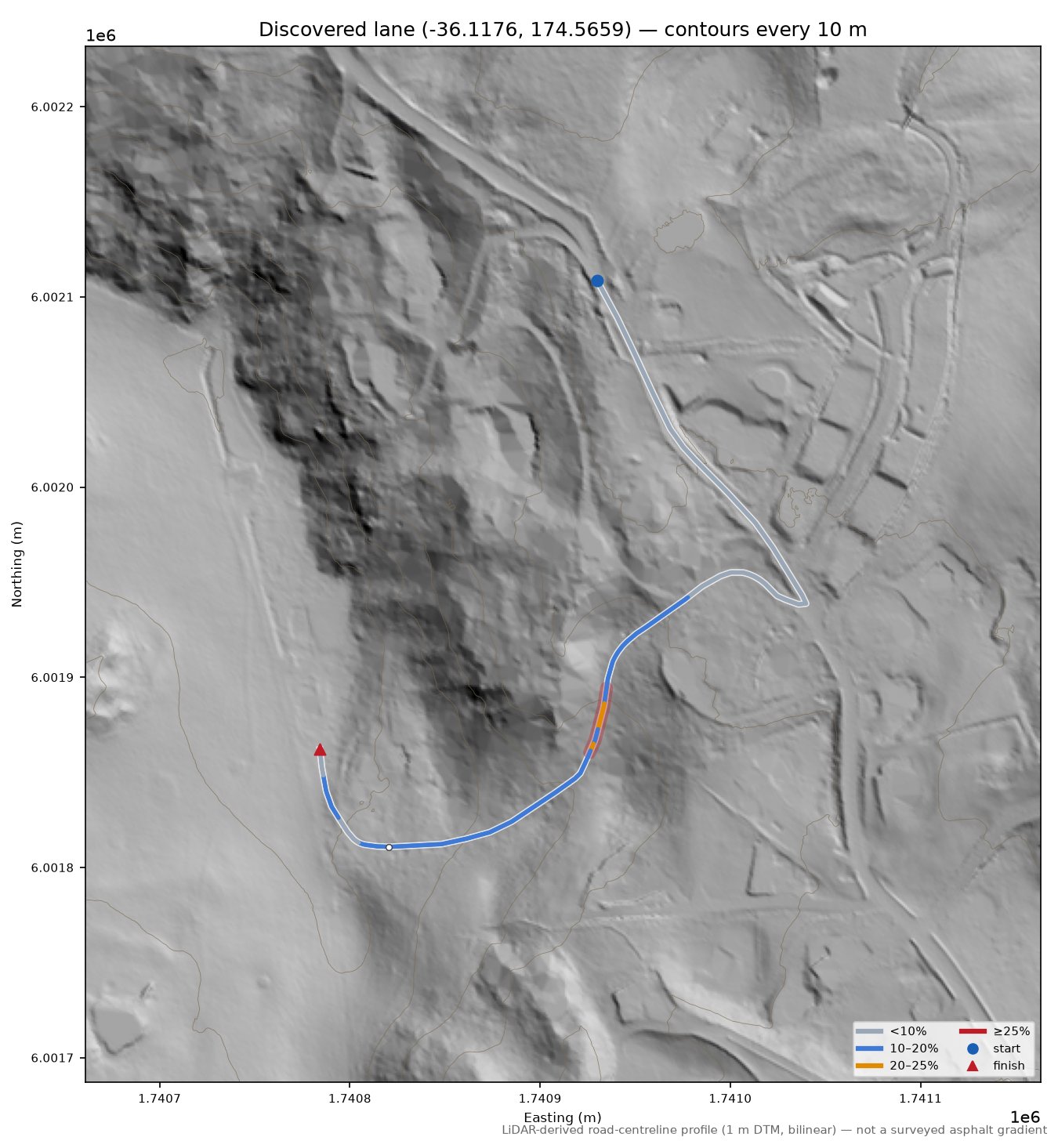 Discovered lane (-36.1176, 174.5659) LiDAR hillshade map with contours