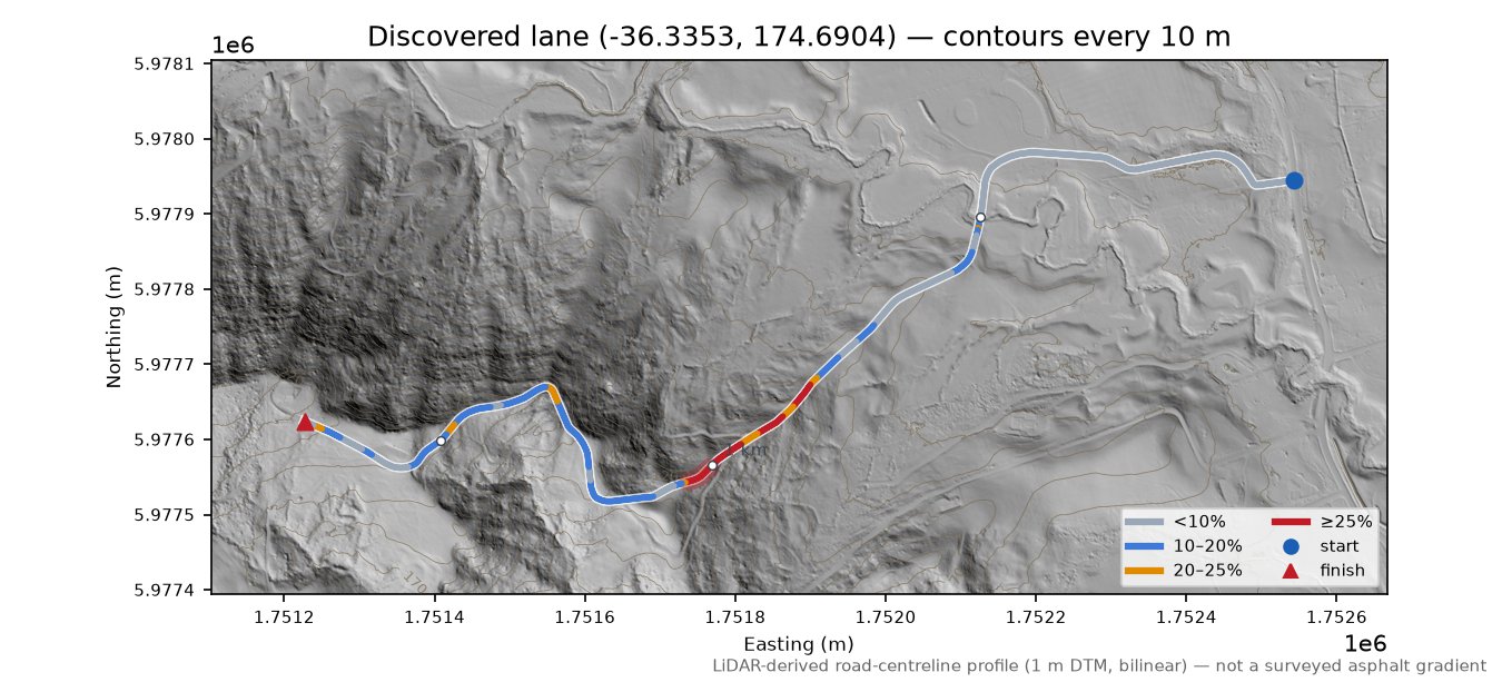 Discovered lane (-36.3353, 174.6904) LiDAR hillshade map with contours