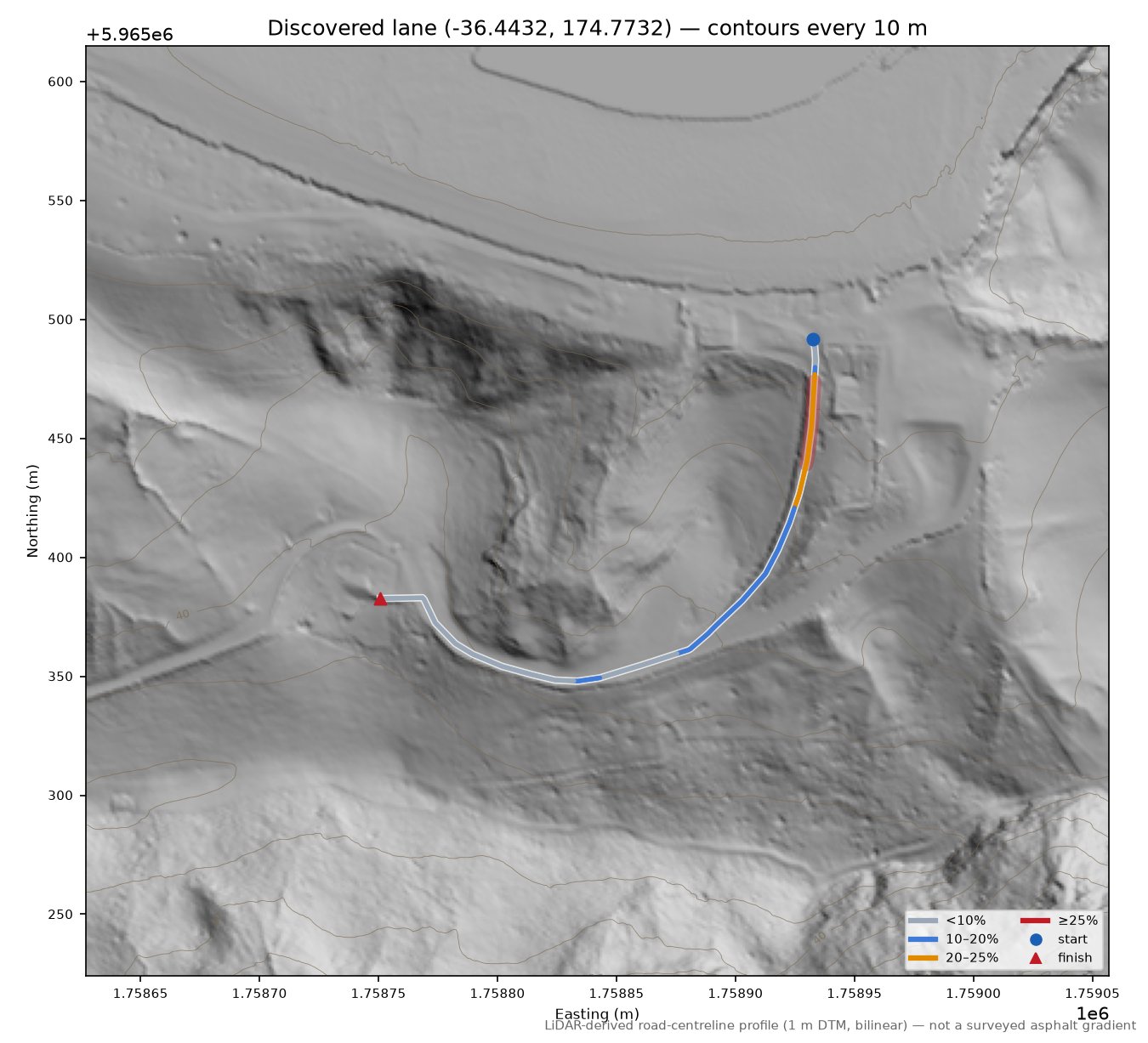 Discovered lane (-36.4432, 174.7732) LiDAR hillshade map with contours