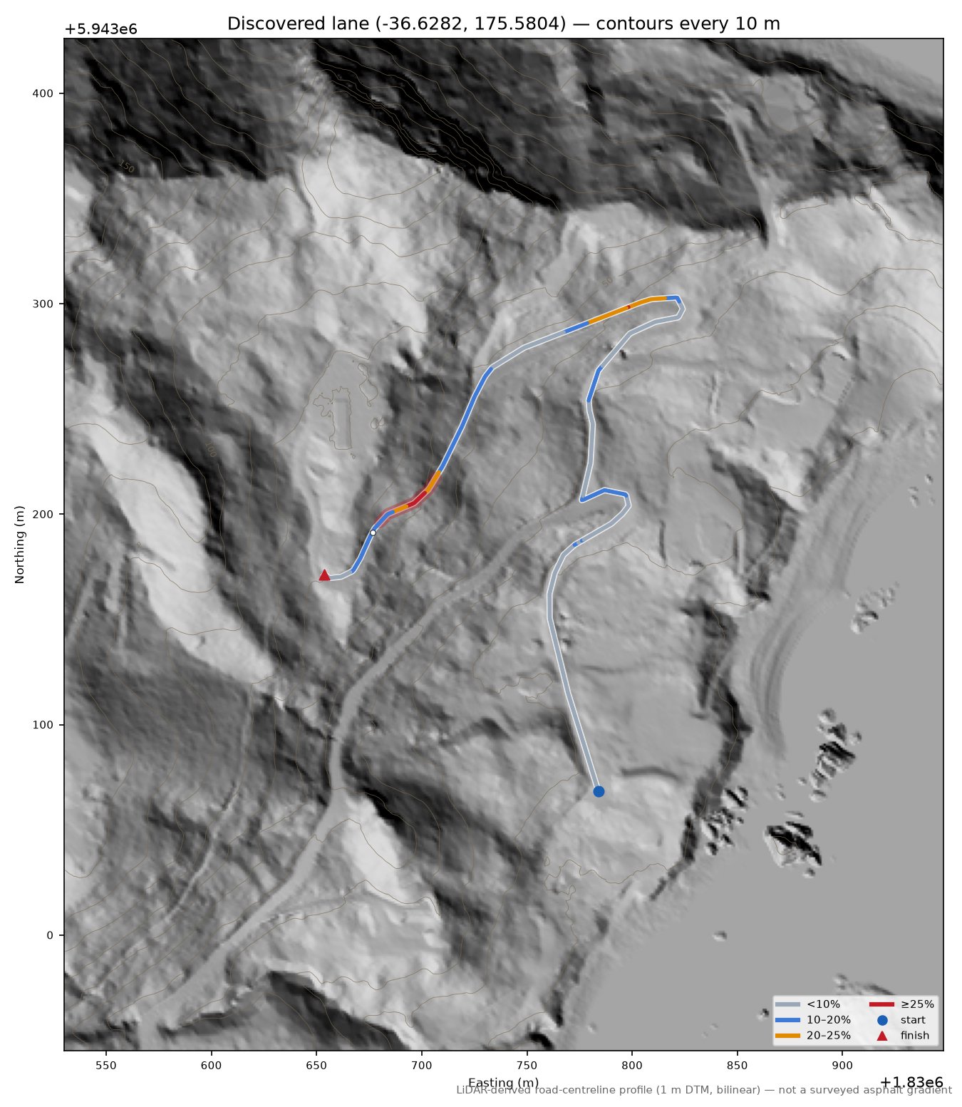 Discovered lane (-36.6282, 175.5804) LiDAR hillshade map with contours
