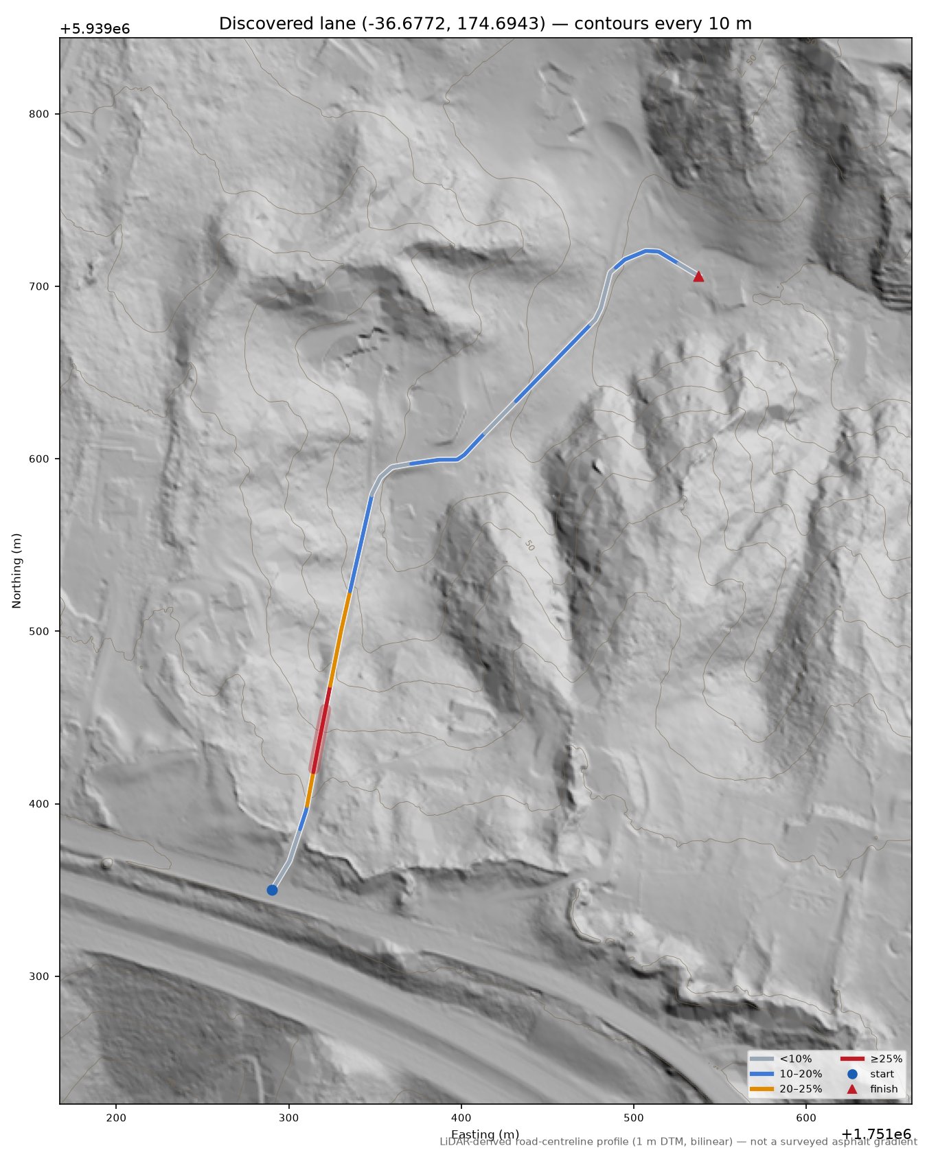Discovered lane (-36.6772, 174.6943) LiDAR hillshade map with contours