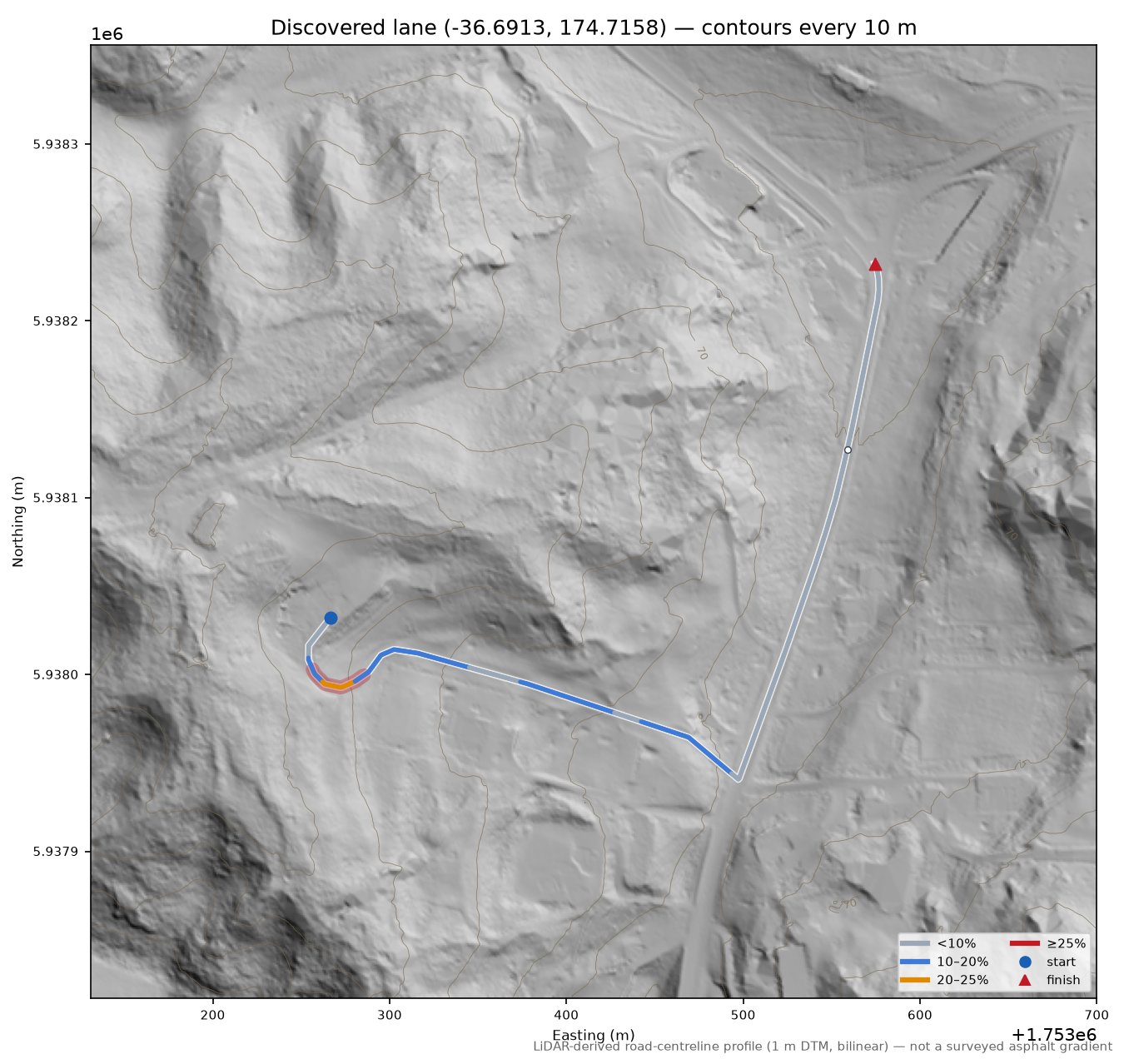 Discovered lane (-36.6913, 174.7158) LiDAR hillshade map with contours