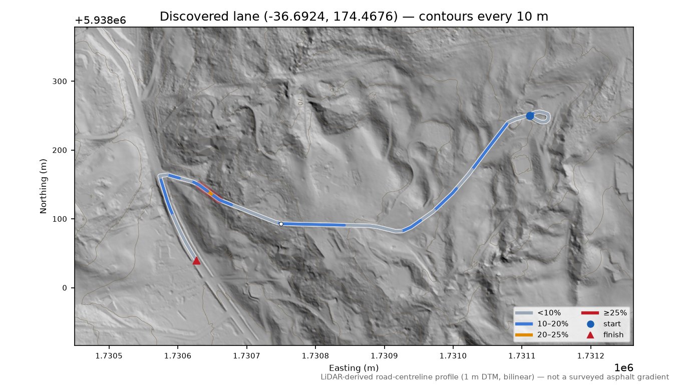 Discovered lane (-36.6924, 174.4676) LiDAR hillshade map with contours