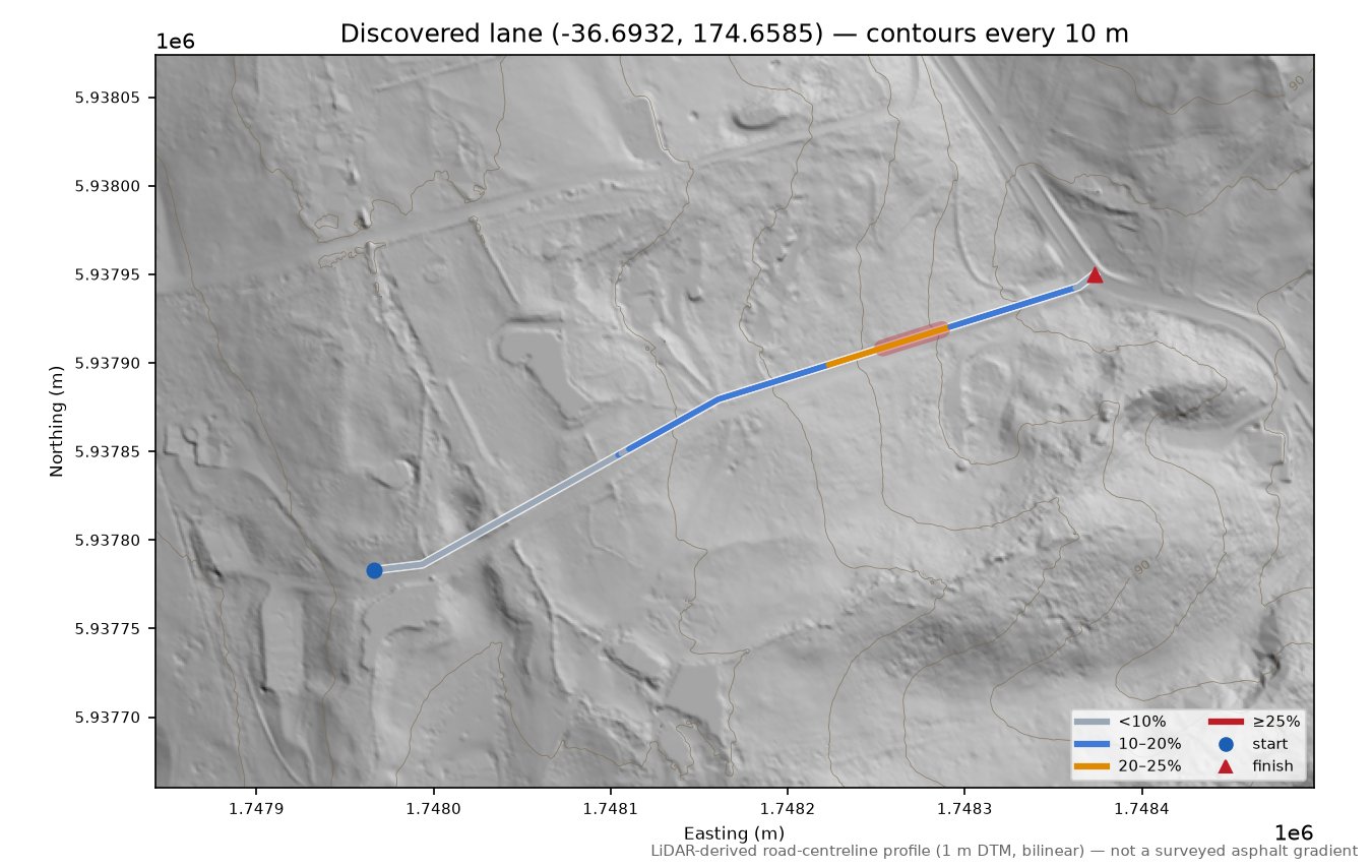 Discovered lane (-36.6932, 174.6585) LiDAR hillshade map with contours
