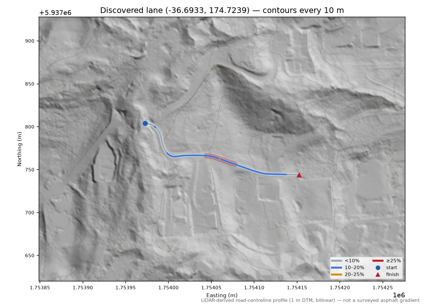 Discovered lane (-36.6933, 174.7239) LiDAR hillshade map with contours