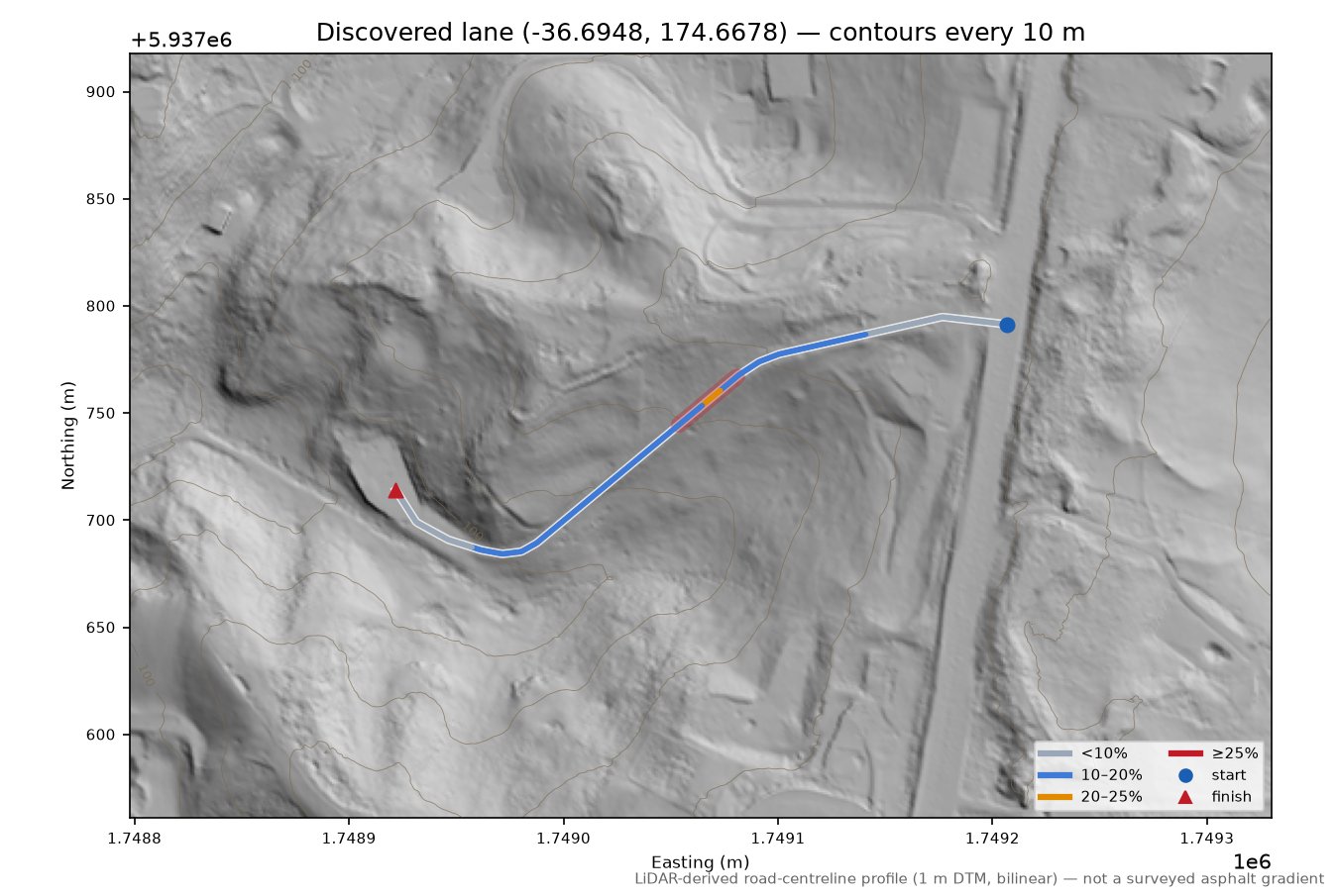 Discovered lane (-36.6948, 174.6678) LiDAR hillshade map with contours