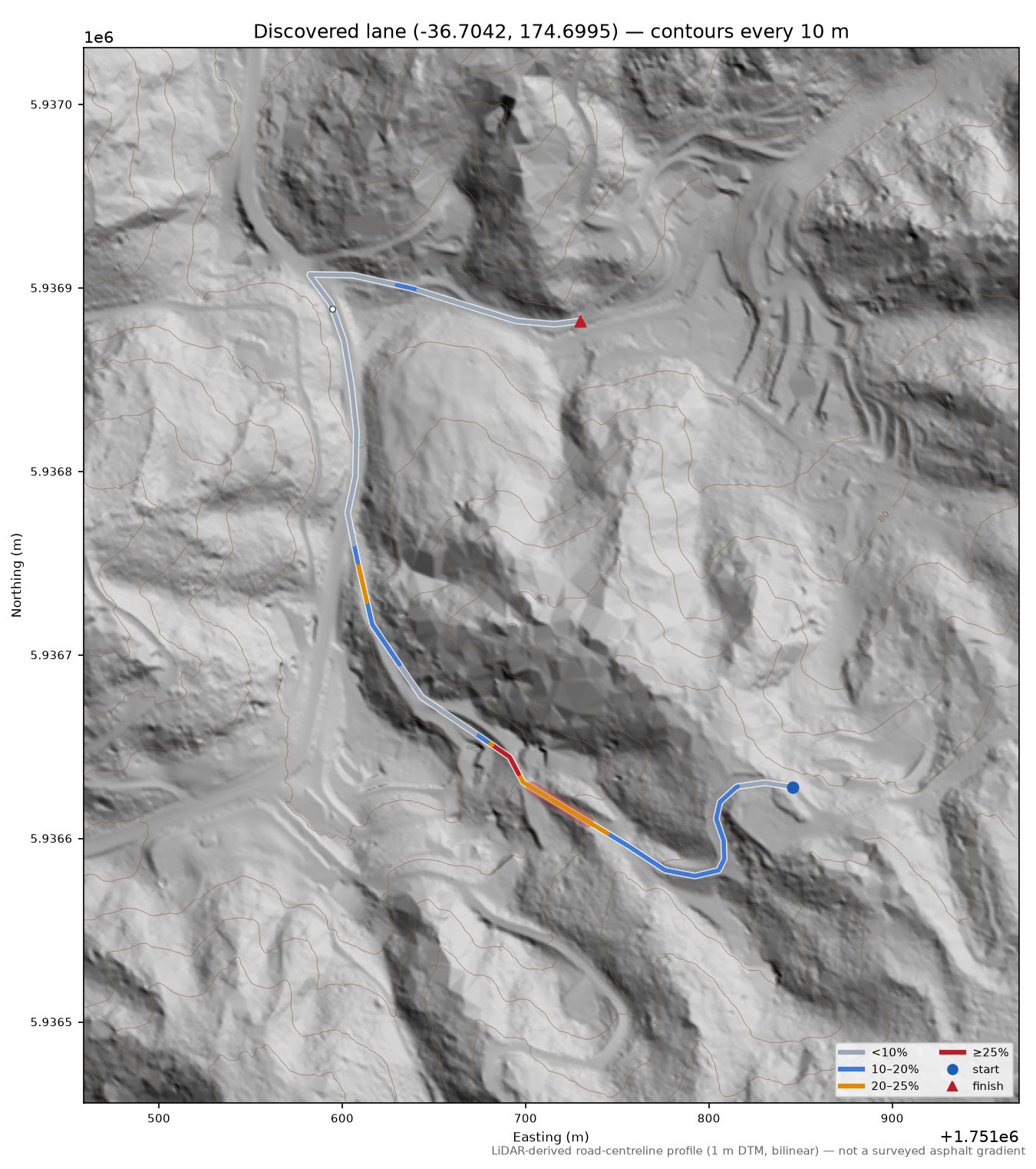 Discovered lane (-36.7042, 174.6995) LiDAR hillshade map with contours