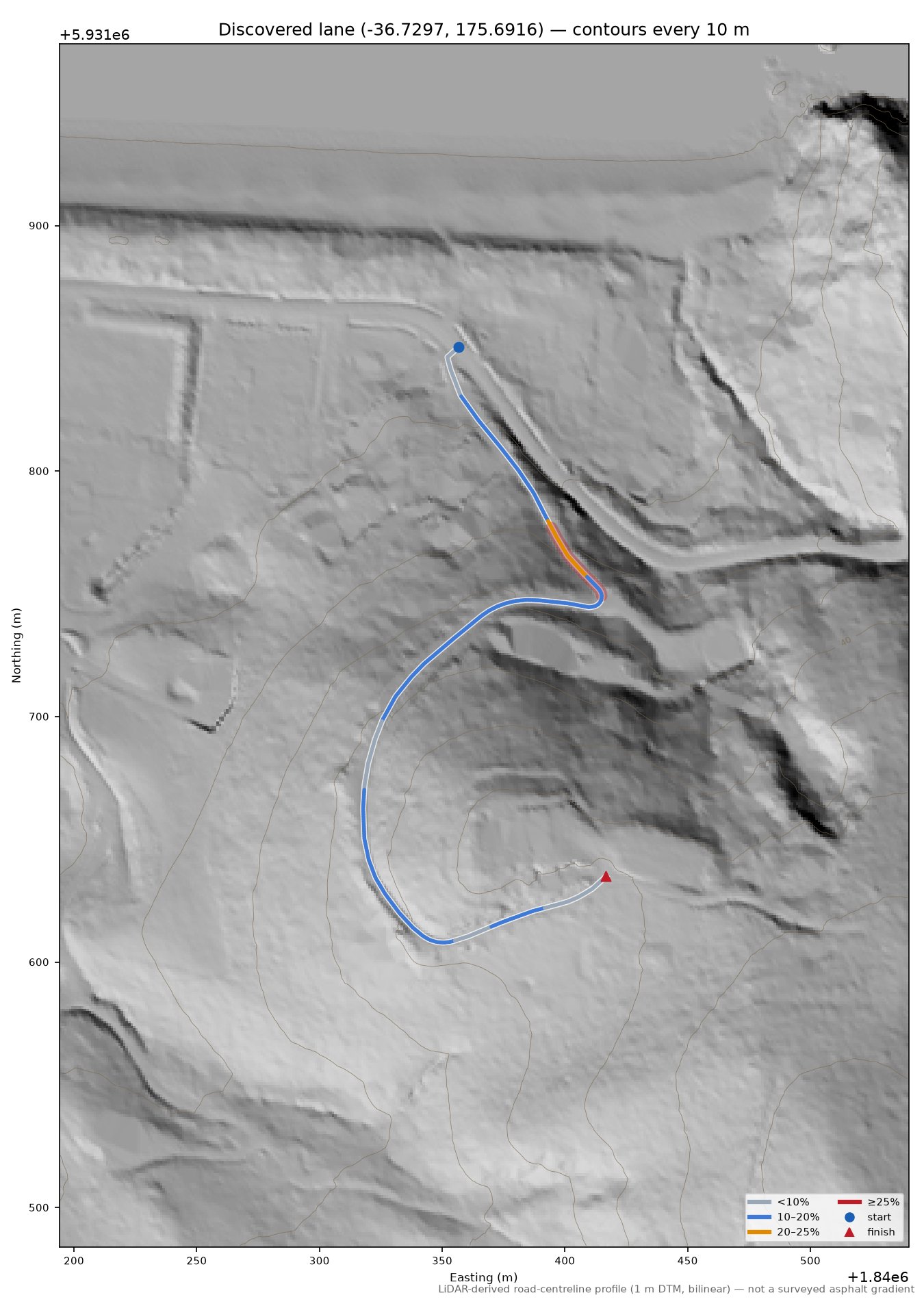 Discovered lane (-36.7297, 175.6916) LiDAR hillshade map with contours