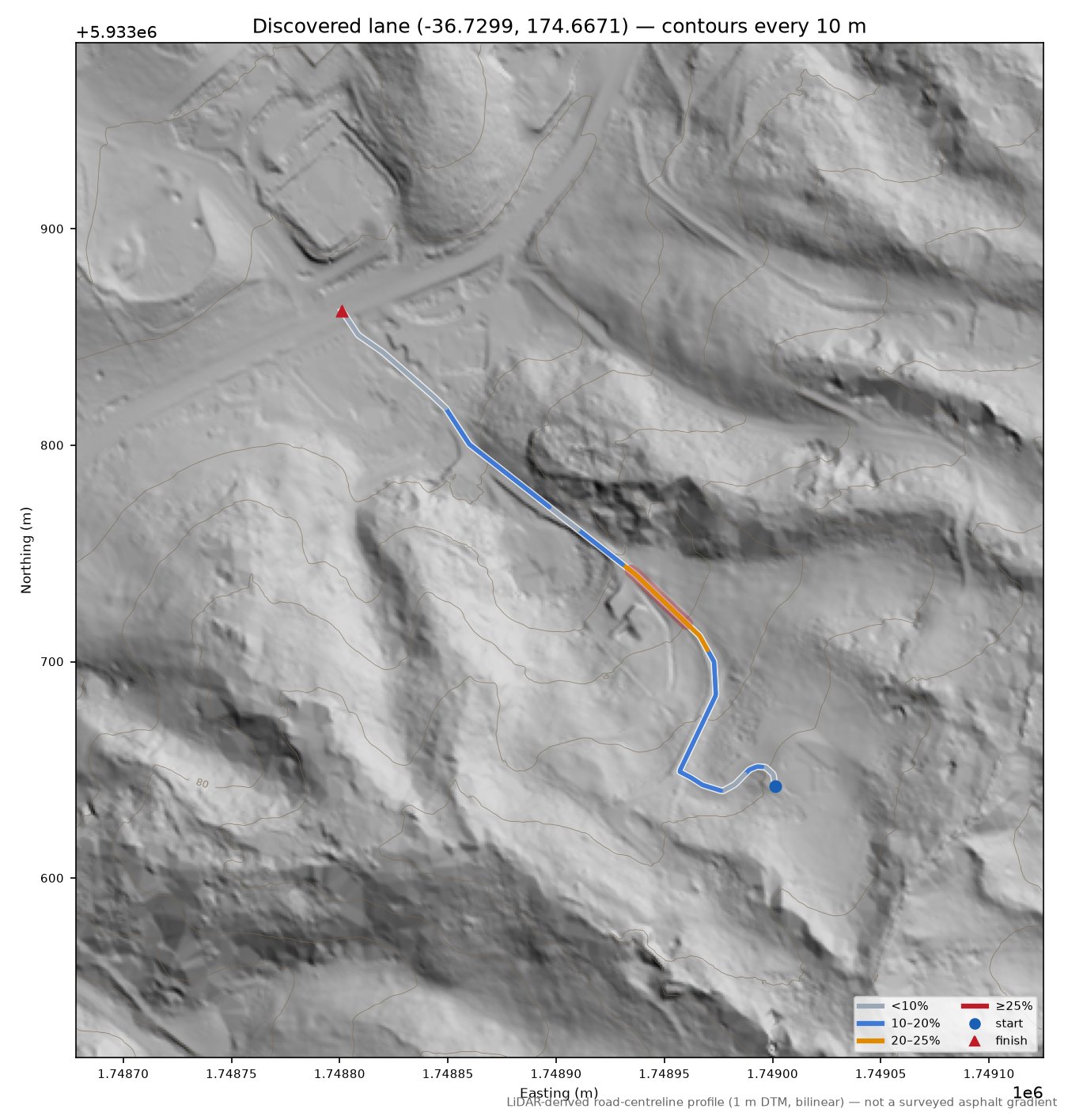 Discovered lane (-36.7299, 174.6671) LiDAR hillshade map with contours