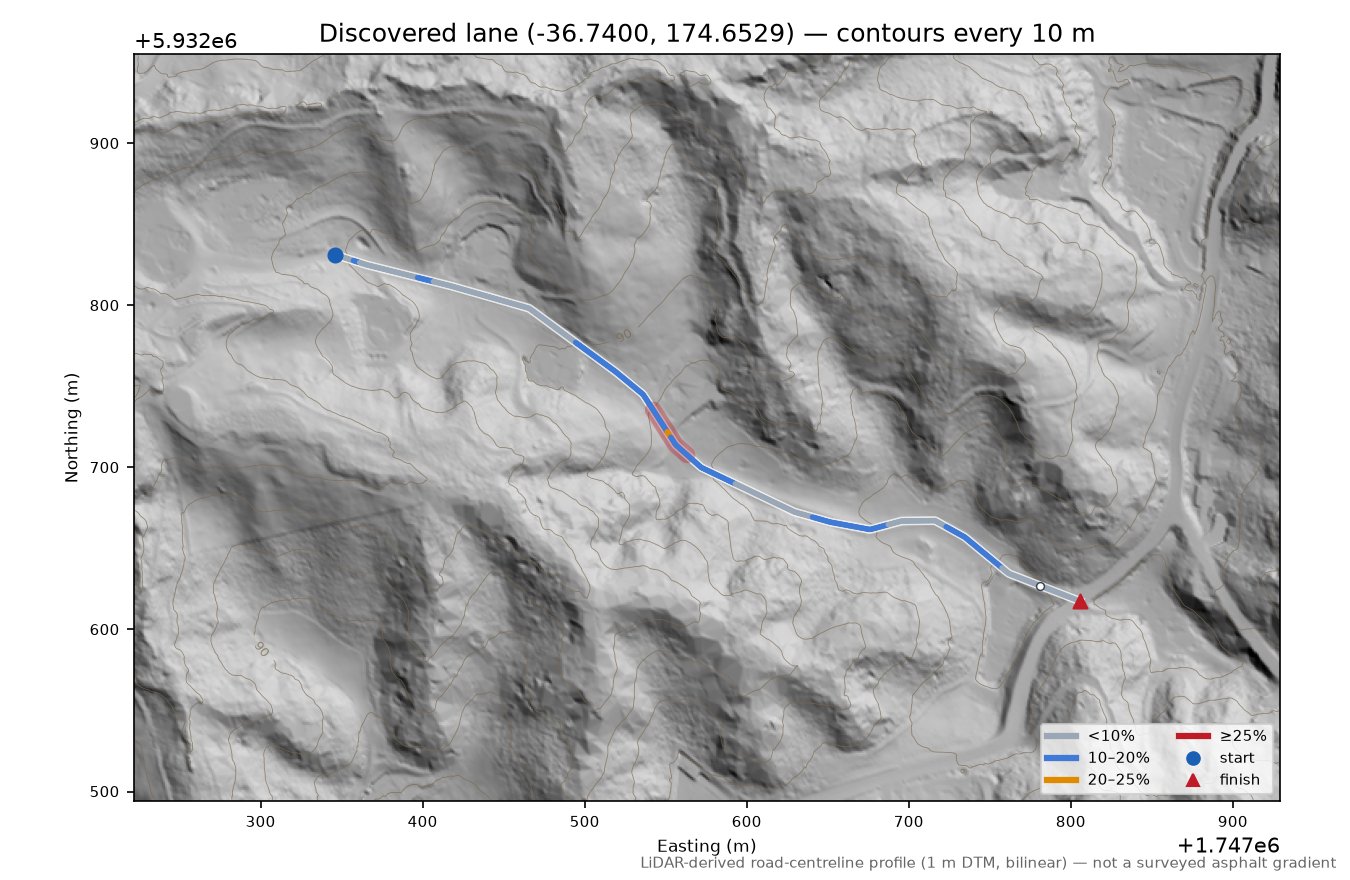 Discovered lane (-36.7400, 174.6529) LiDAR hillshade map with contours