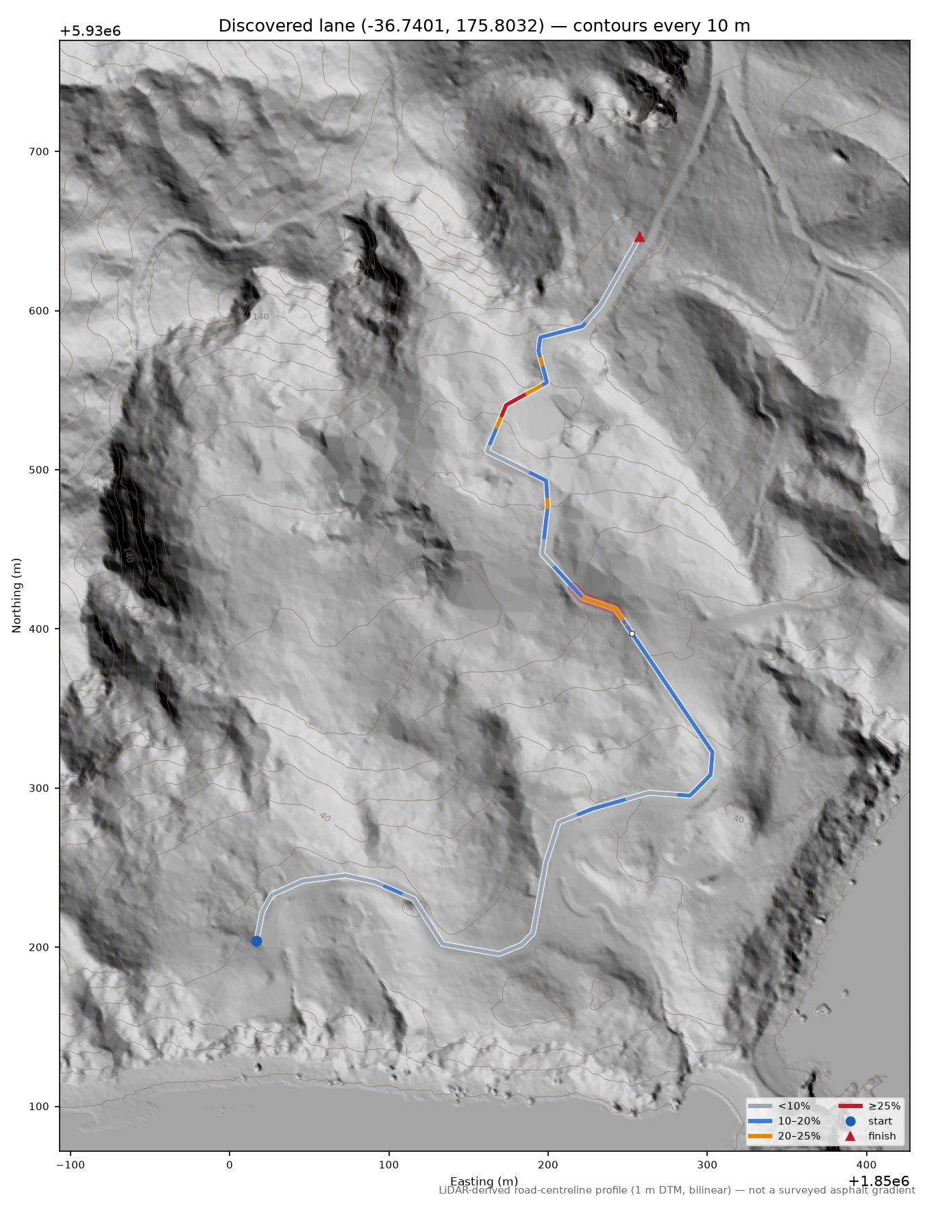 Discovered lane (-36.7401, 175.8032) LiDAR hillshade map with contours