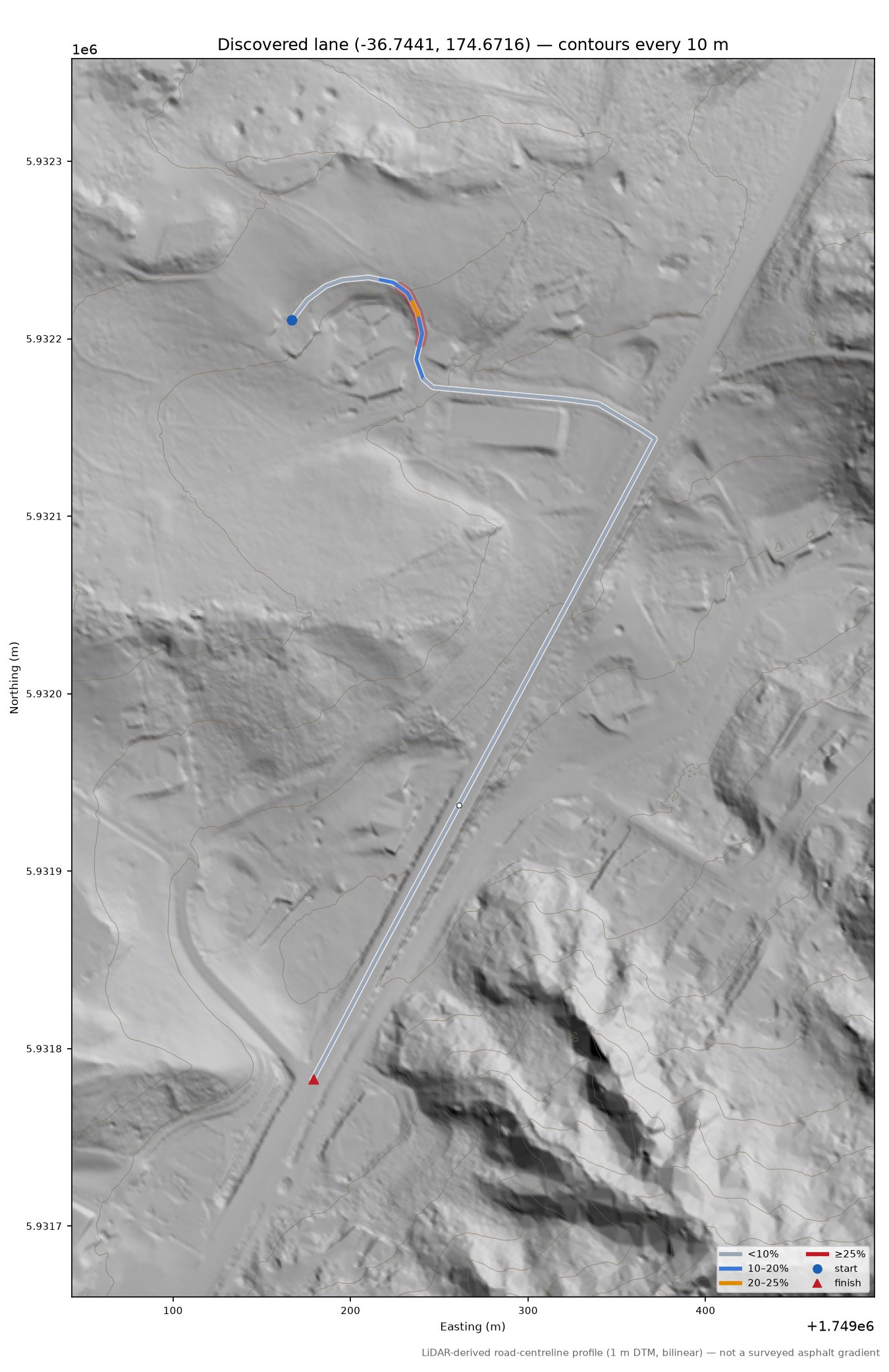 Discovered lane (-36.7441, 174.6716) LiDAR hillshade map with contours