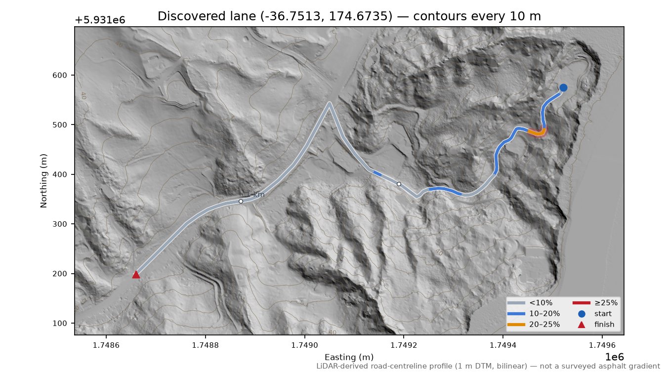 Discovered lane (-36.7513, 174.6735) LiDAR hillshade map with contours