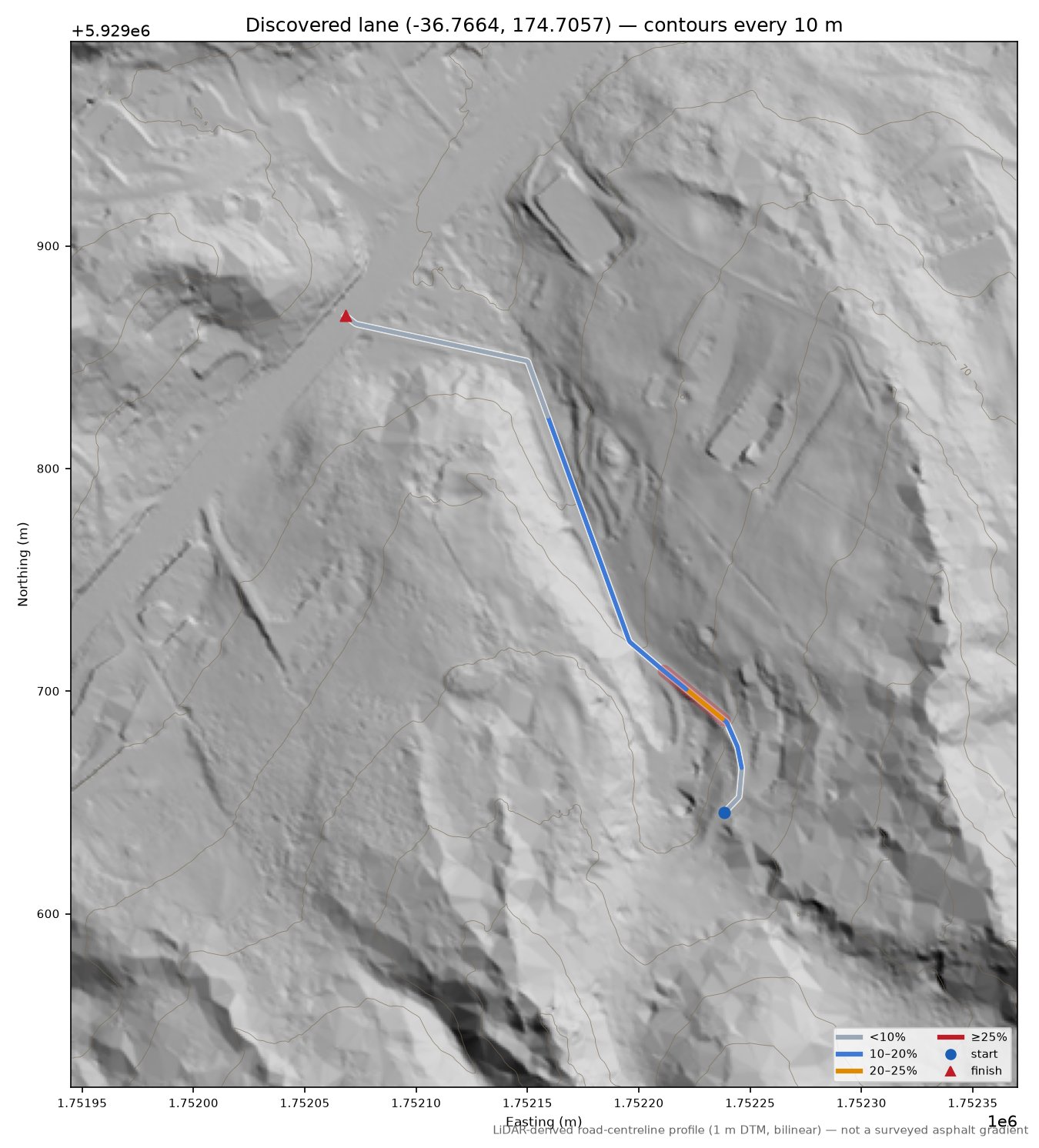 Discovered lane (-36.7664, 174.7057) LiDAR hillshade map with contours