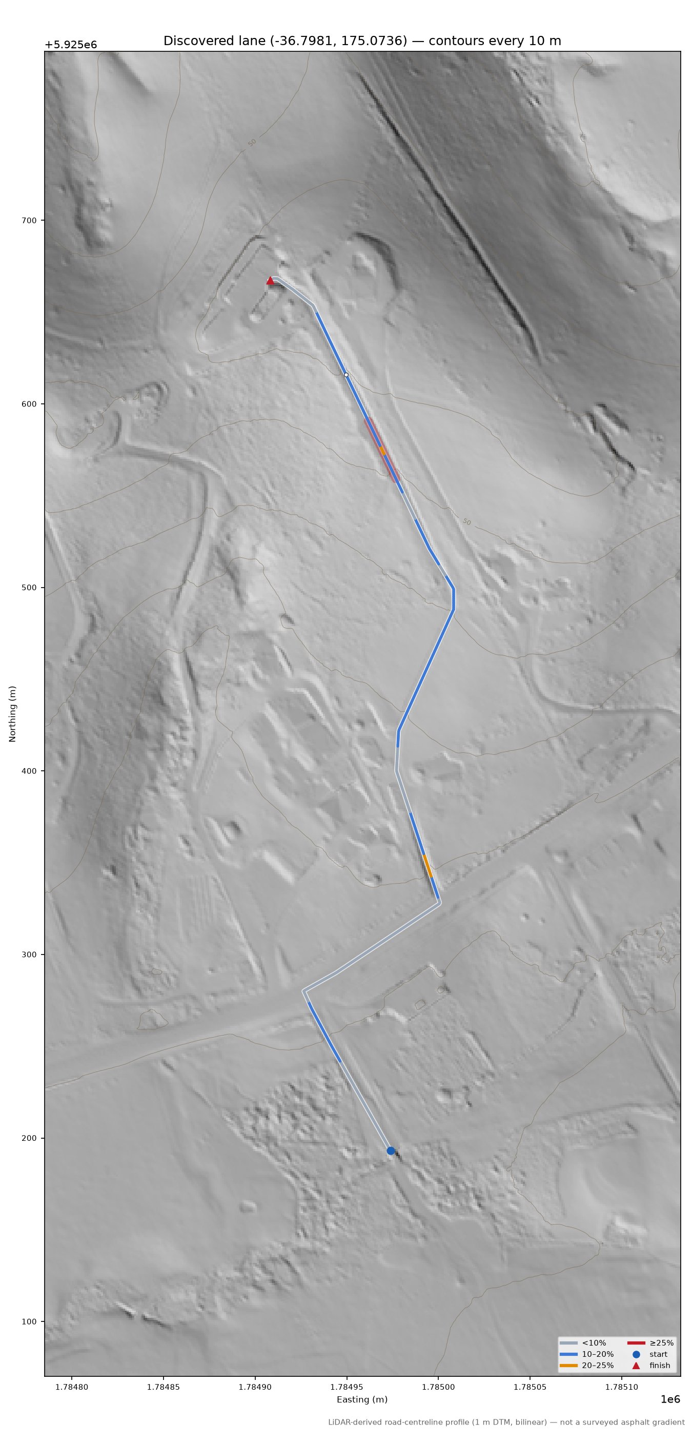 Discovered lane (-36.7981, 175.0736) LiDAR hillshade map with contours