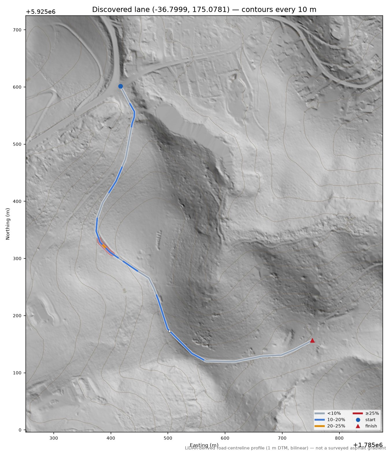 Discovered lane (-36.7999, 175.0781) LiDAR hillshade map with contours