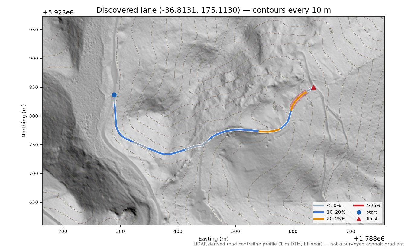 Discovered lane (-36.8131, 175.1130) LiDAR hillshade map with contours
