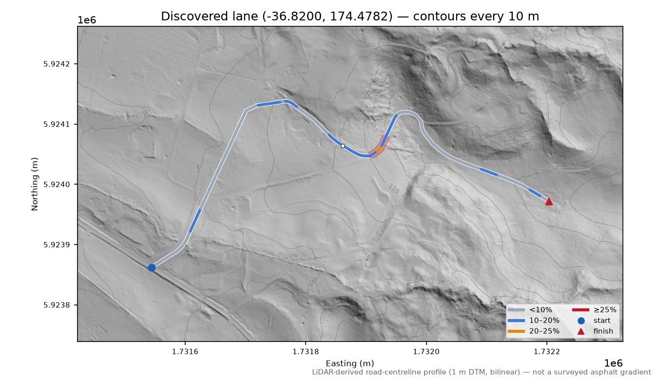 Discovered lane (-36.8200, 174.4782) LiDAR hillshade map with contours