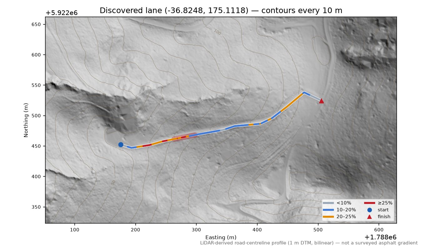 Discovered lane (-36.8248, 175.1118) LiDAR hillshade map with contours