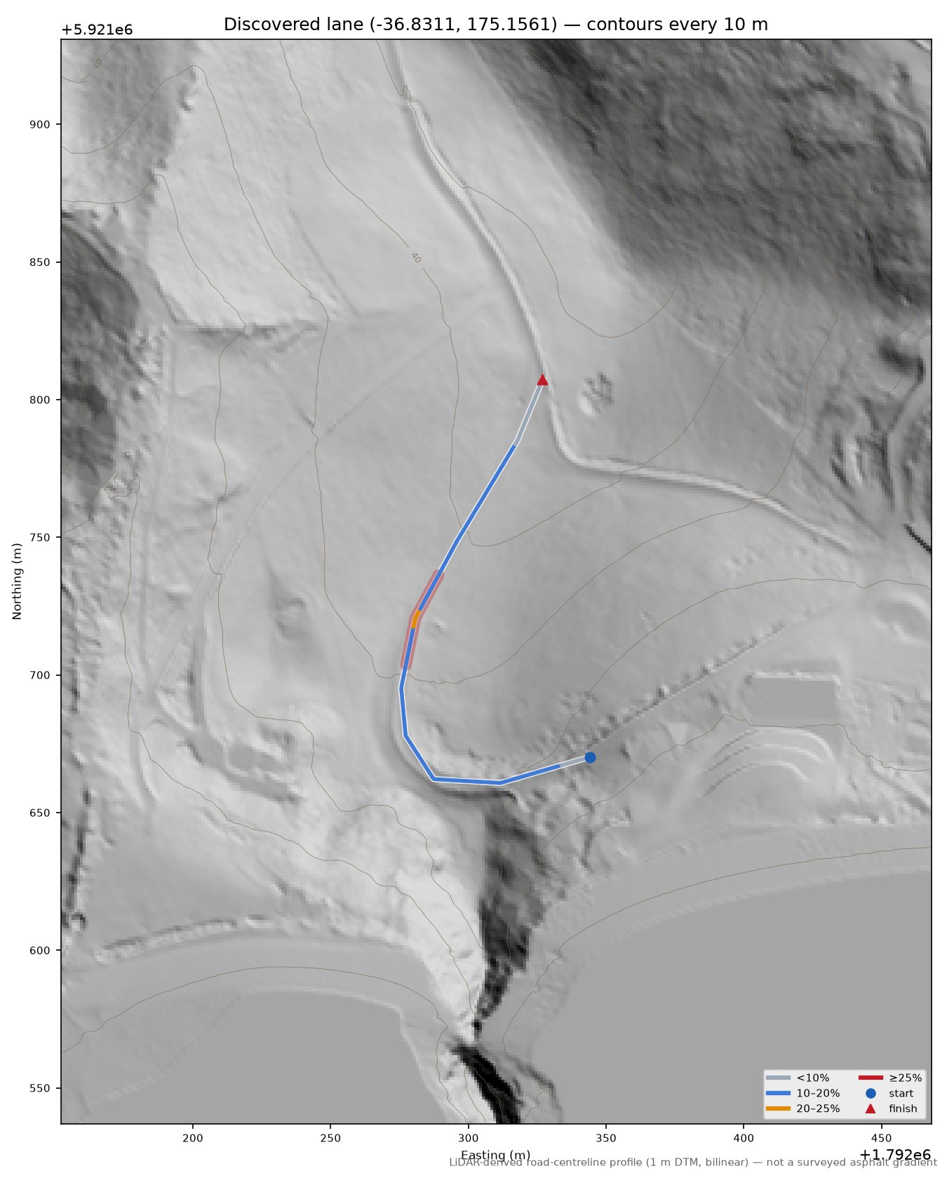 Discovered lane (-36.8311, 175.1561) LiDAR hillshade map with contours