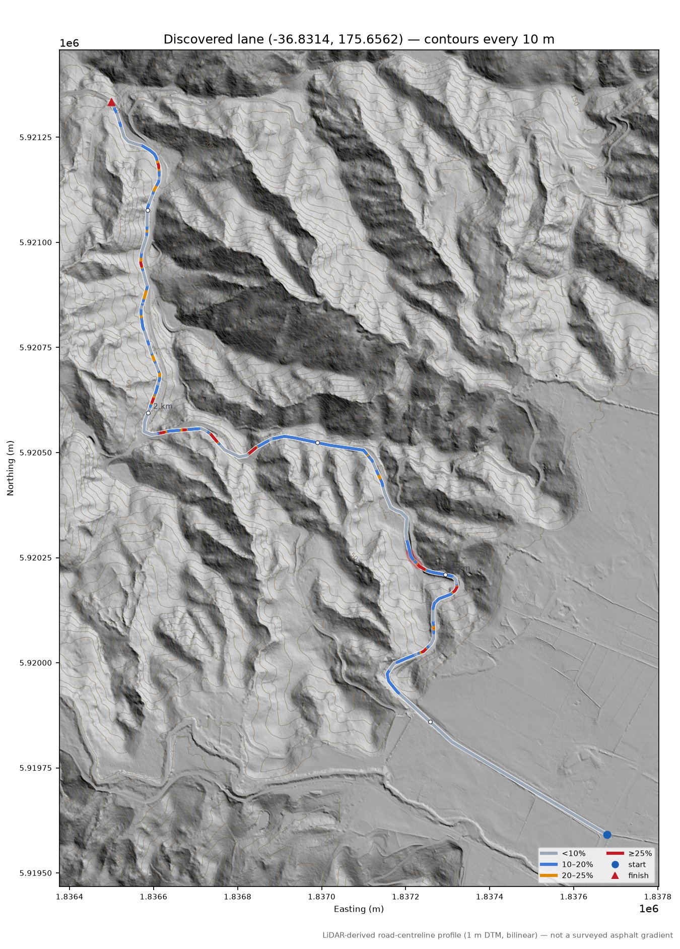 Discovered lane (-36.8314, 175.6562) LiDAR hillshade map with contours