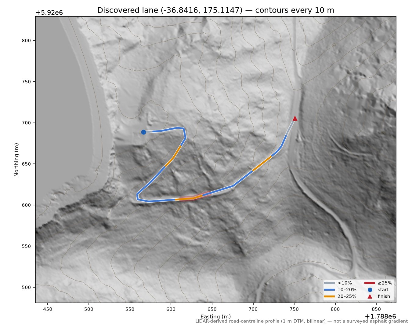 Discovered lane (-36.8416, 175.1147) LiDAR hillshade map with contours
