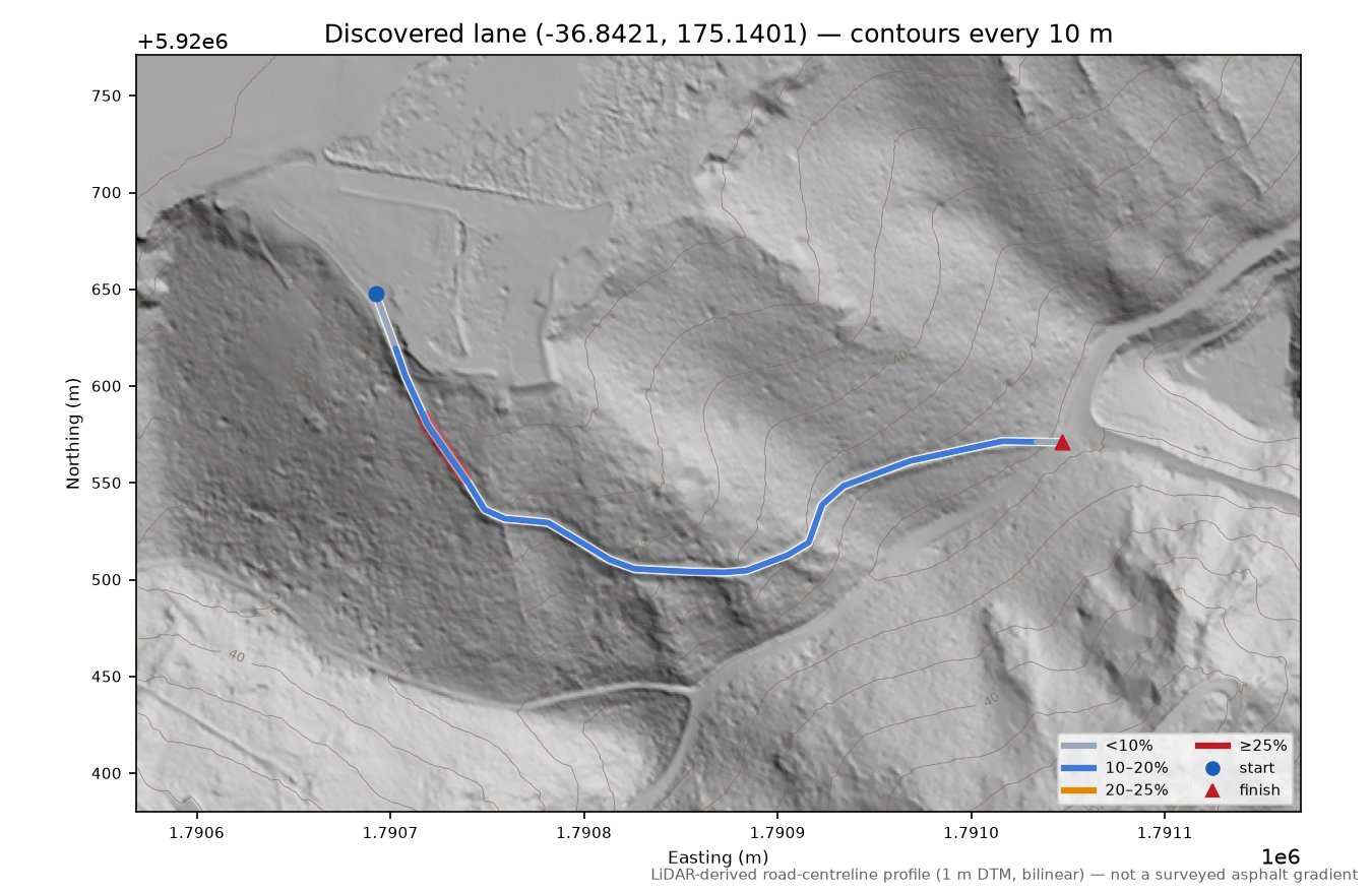 Discovered lane (-36.8421, 175.1401) LiDAR hillshade map with contours