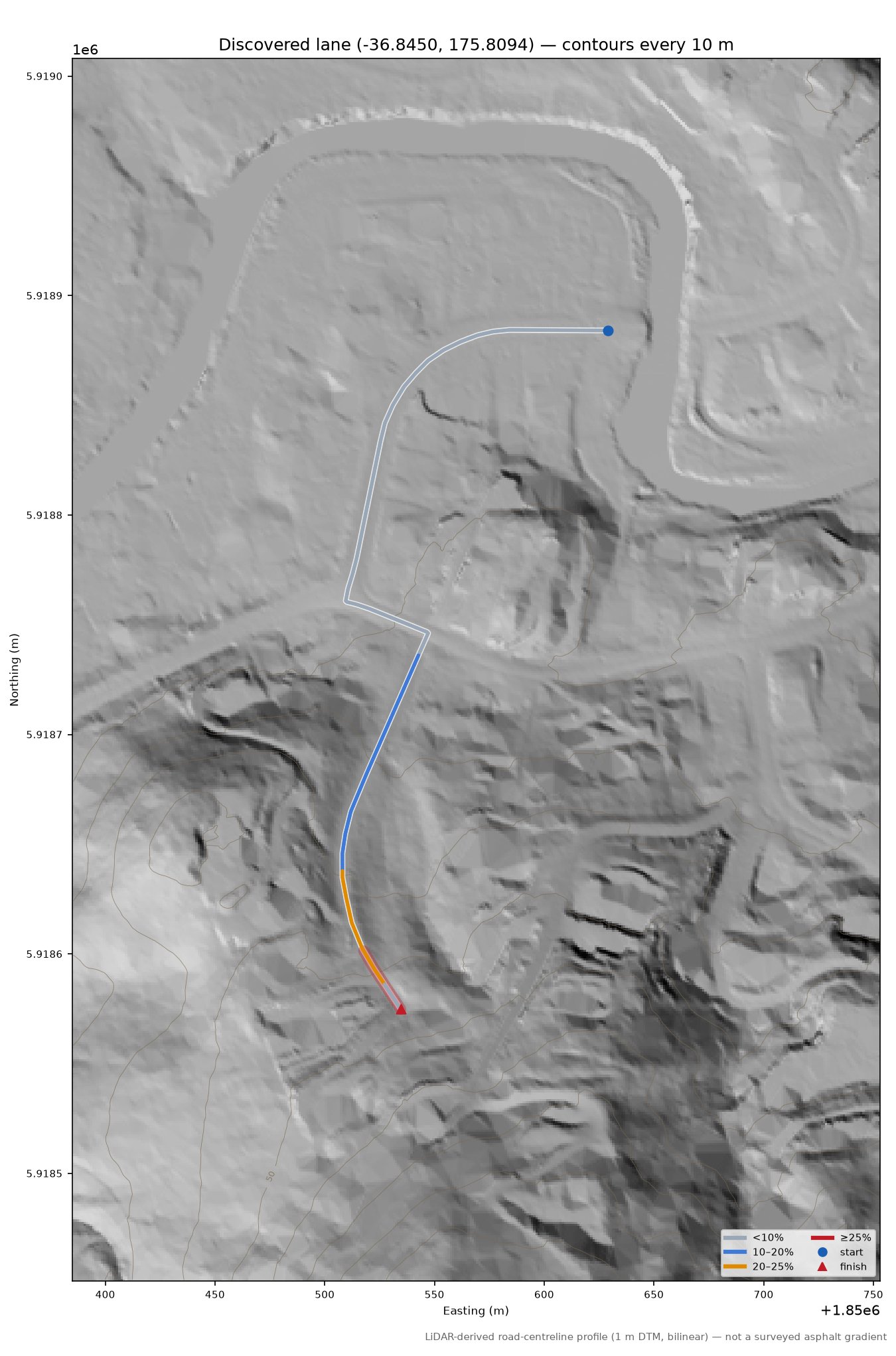 Discovered lane (-36.8450, 175.8094) LiDAR hillshade map with contours