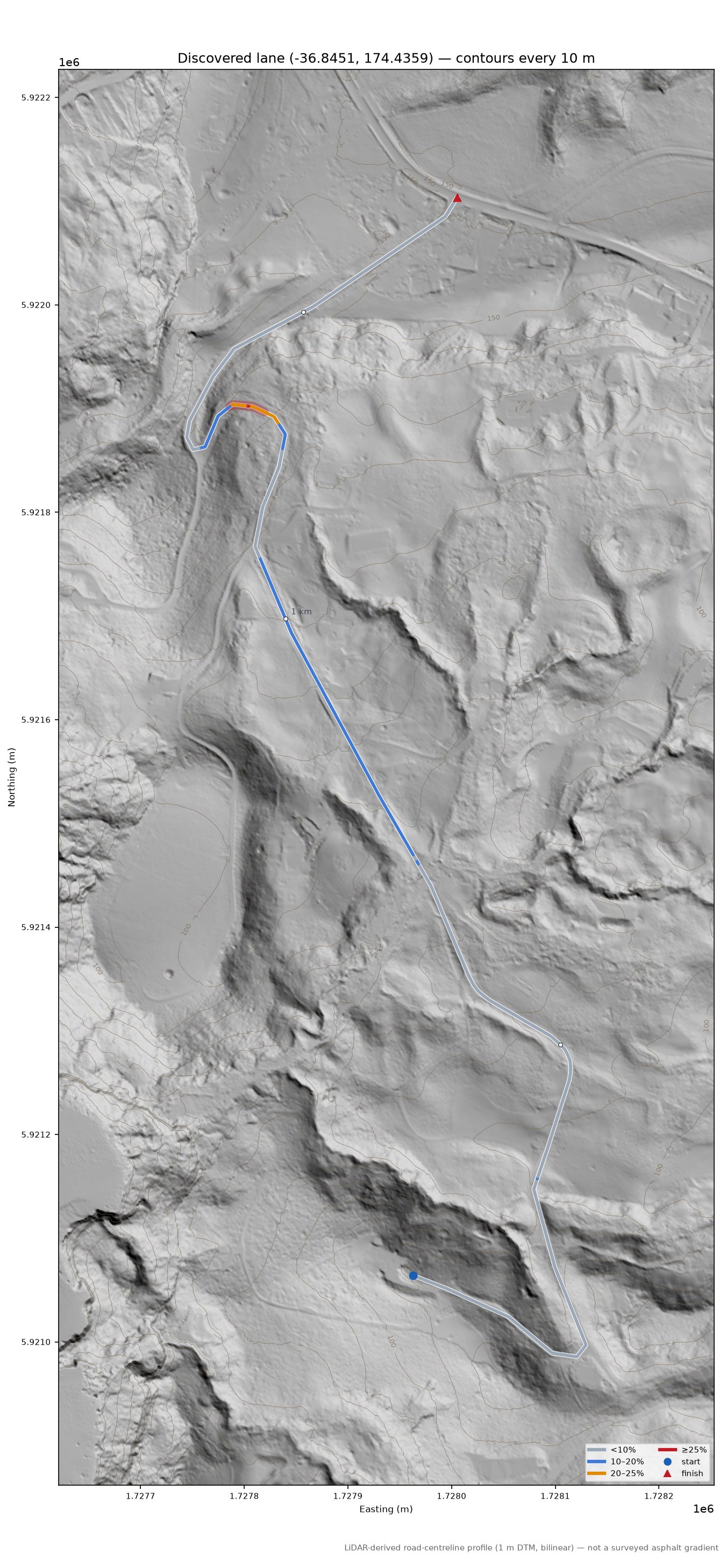 Discovered lane (-36.8451, 174.4359) LiDAR hillshade map with contours