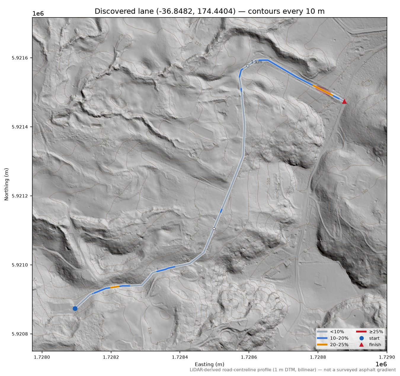 Discovered lane (-36.8482, 174.4404) LiDAR hillshade map with contours